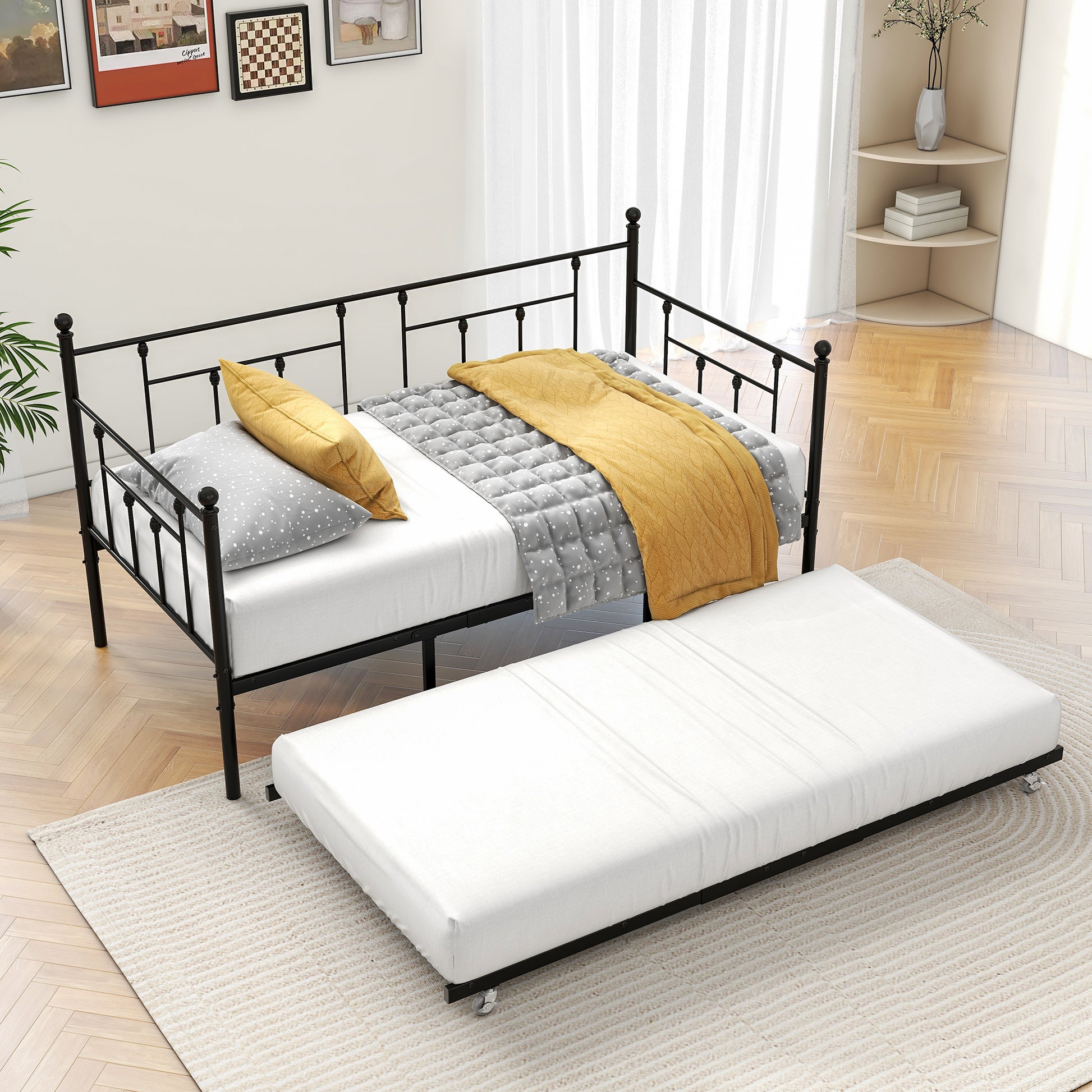 Metal Daybed Frame Twin Size Platform With Trundleno Box Spring Needed Black Box Spring Not Required Twin Black Metal Bedroom Metal
