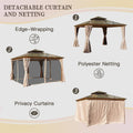 12'X12' Hardtop Gazebo, Permanent Outdoor Gazebo With Polycarbonate Double Roof, Aluminum Gazebo Pavilion With Curtain And Net For Garden, Patio, Lawns, Deck, Backyard Wood Looking Yellow Brown Aluminium