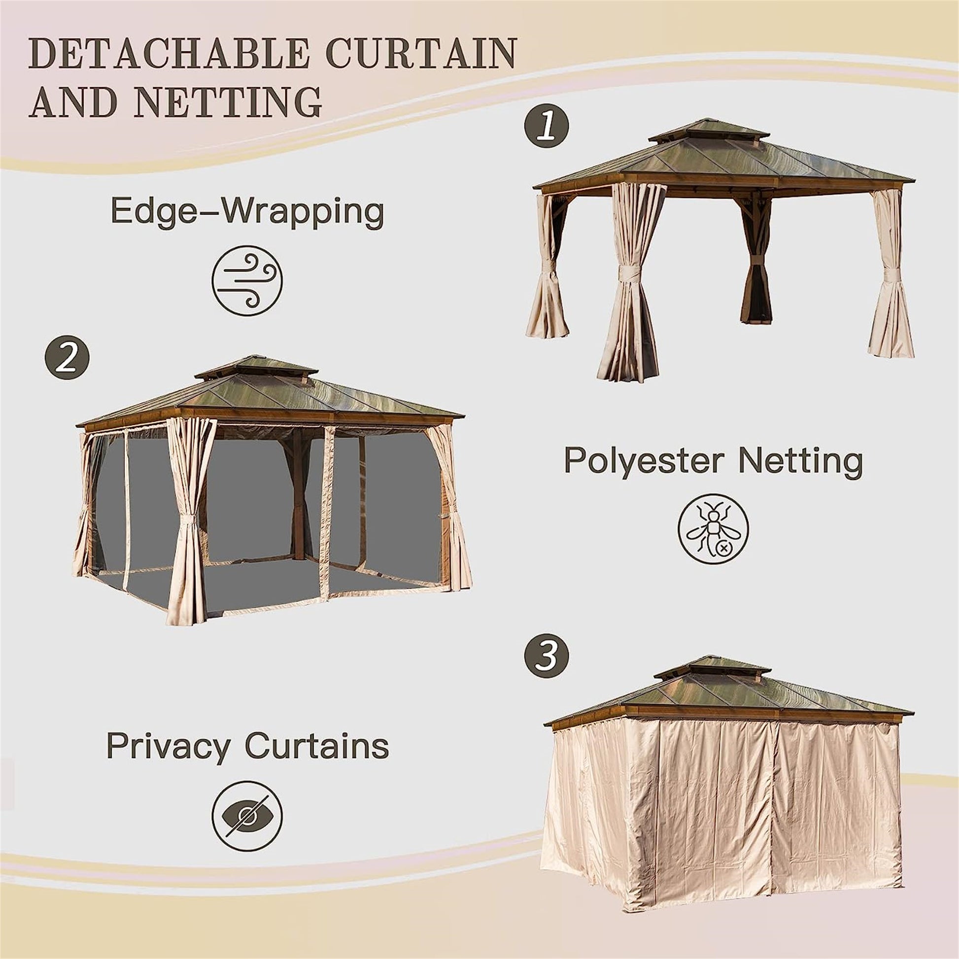 12'X12' Hardtop Gazebo, Permanent Outdoor Gazebo With Polycarbonate Double Roof, Aluminum Gazebo Pavilion With Curtain And Net For Garden, Patio, Lawns, Deck, Backyard Wood Looking Yellow Brown Aluminium
