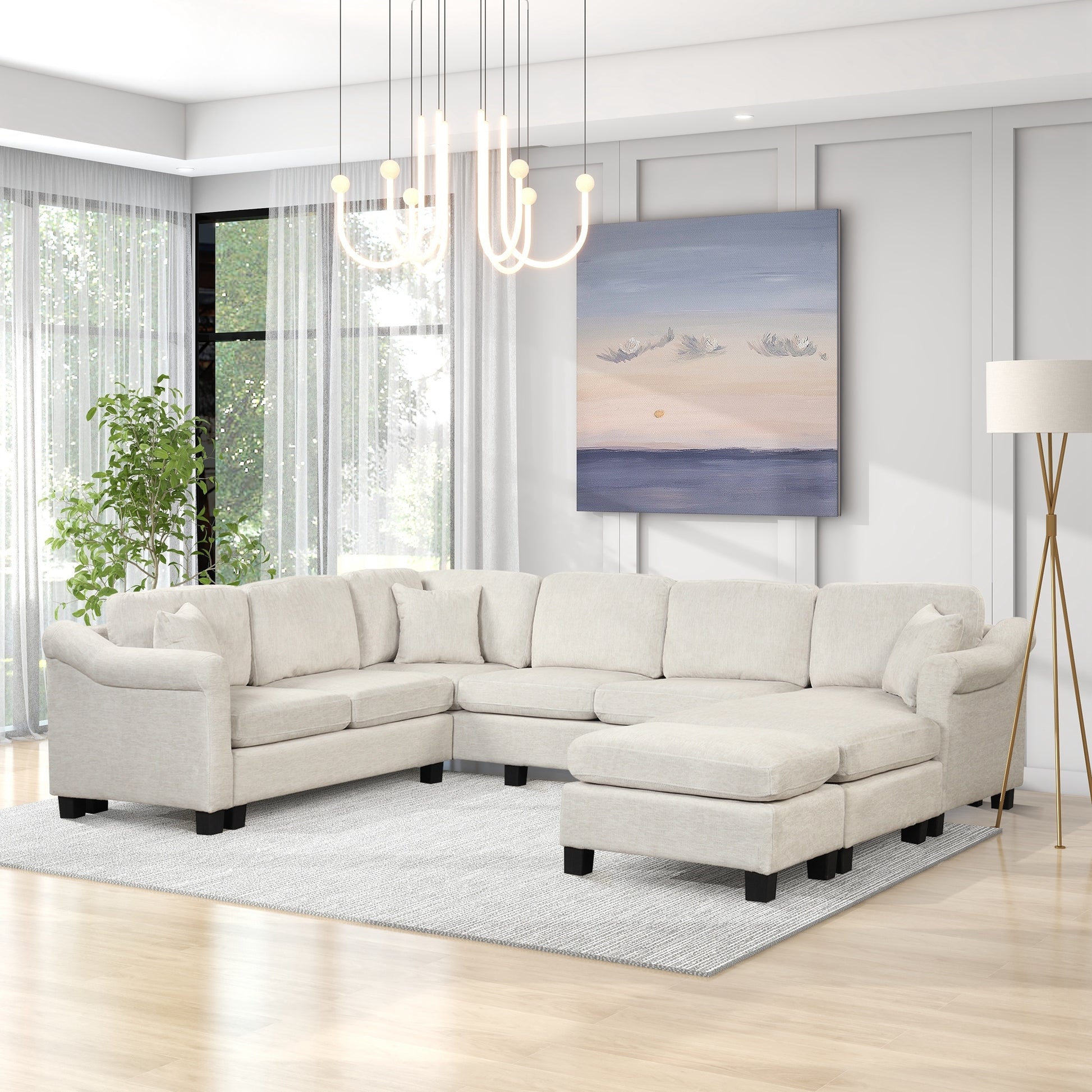 122.1" *91.3" 4Pcs Sectional Sofa With Ottoman With Right Side Chaise Velvet Fabric White White Foam Velvet 6 Seat