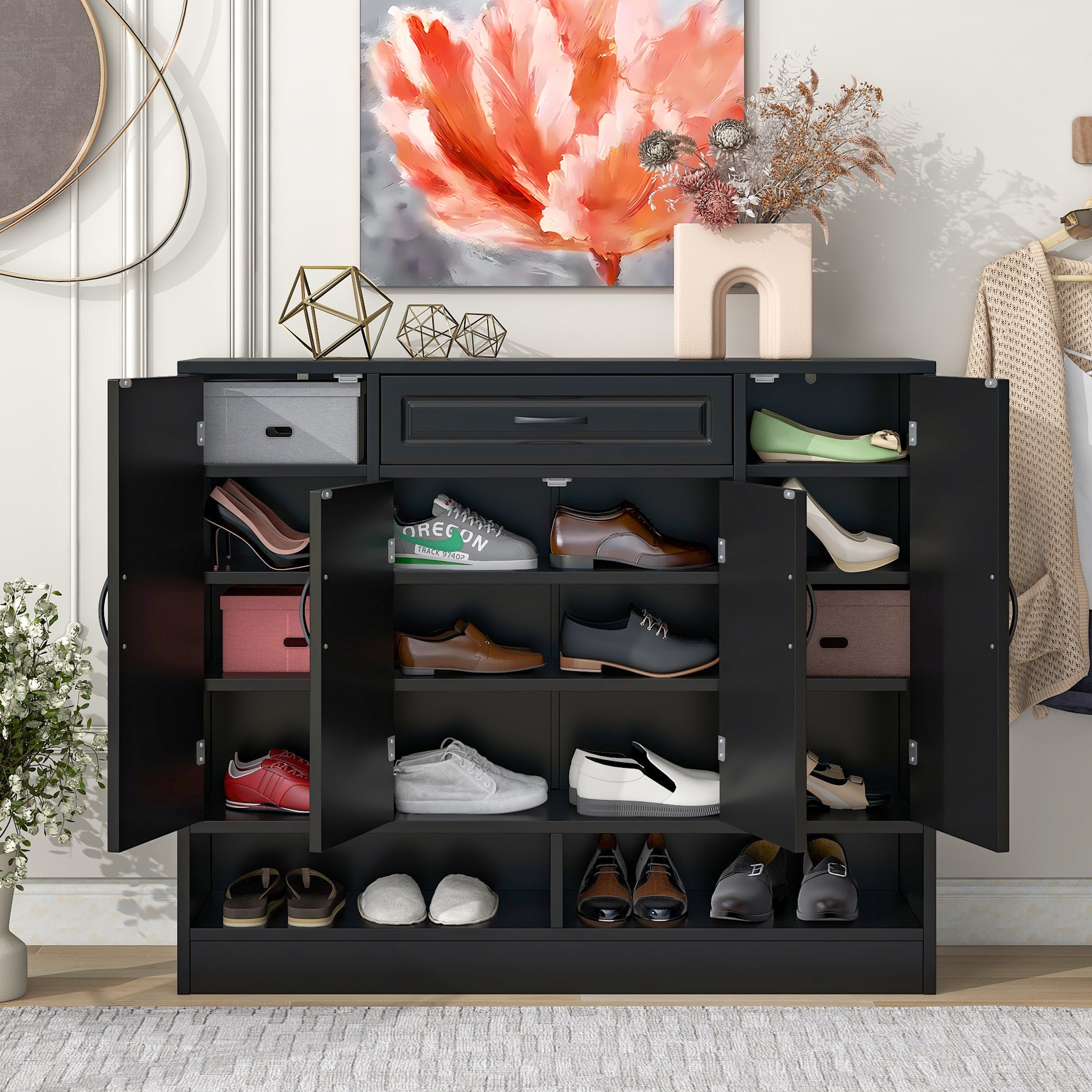 Sleek And Modern Shoe Cabinet With Adjustable Shelves, Minimalist Shoe Storage Organizer With Sturdy Top Surface, Space Saving Design Side Board For Various Sizes Of Items, Black Square 3 4 Spaces Black Primary Living Space Shelves Included Particle