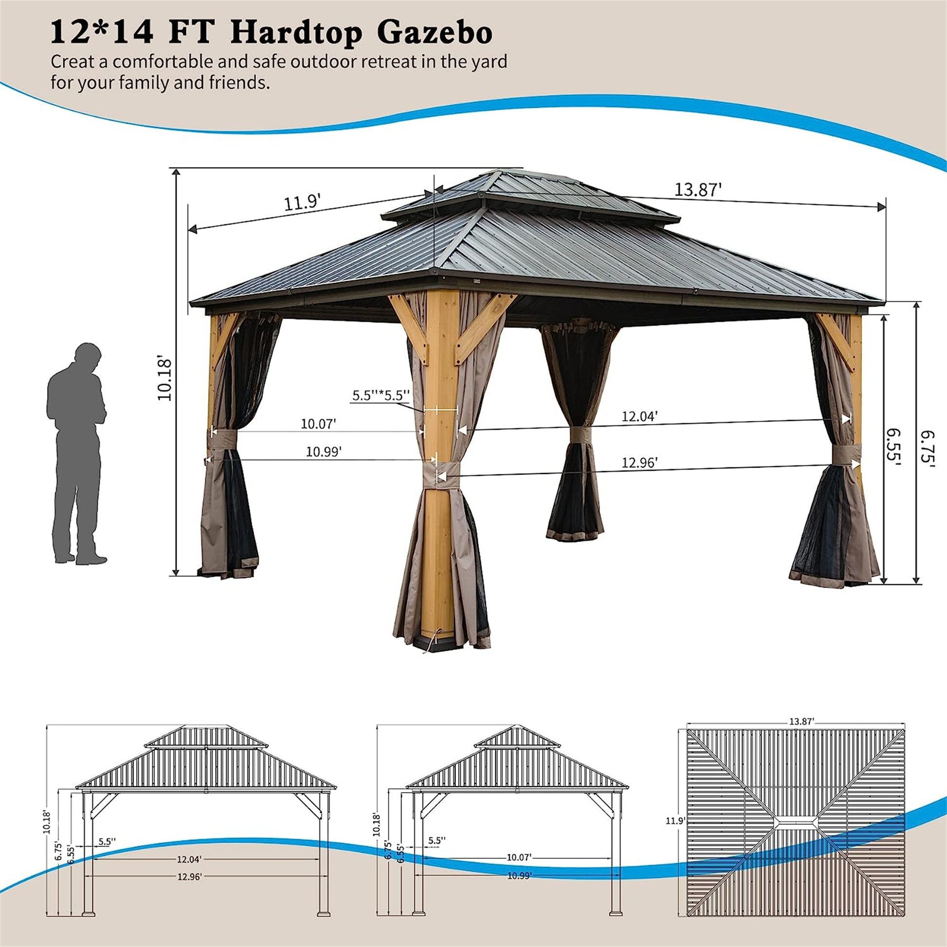 12'X14' Hardtop Gazebo, Outdoor Cedar Wood Frame Canopy With Galvanized Steel Double Roof, Outdoor Permanent Metal Pavilion With Curtains And Netting For Patio, Backyard And Lawn Brown Brown Metal &