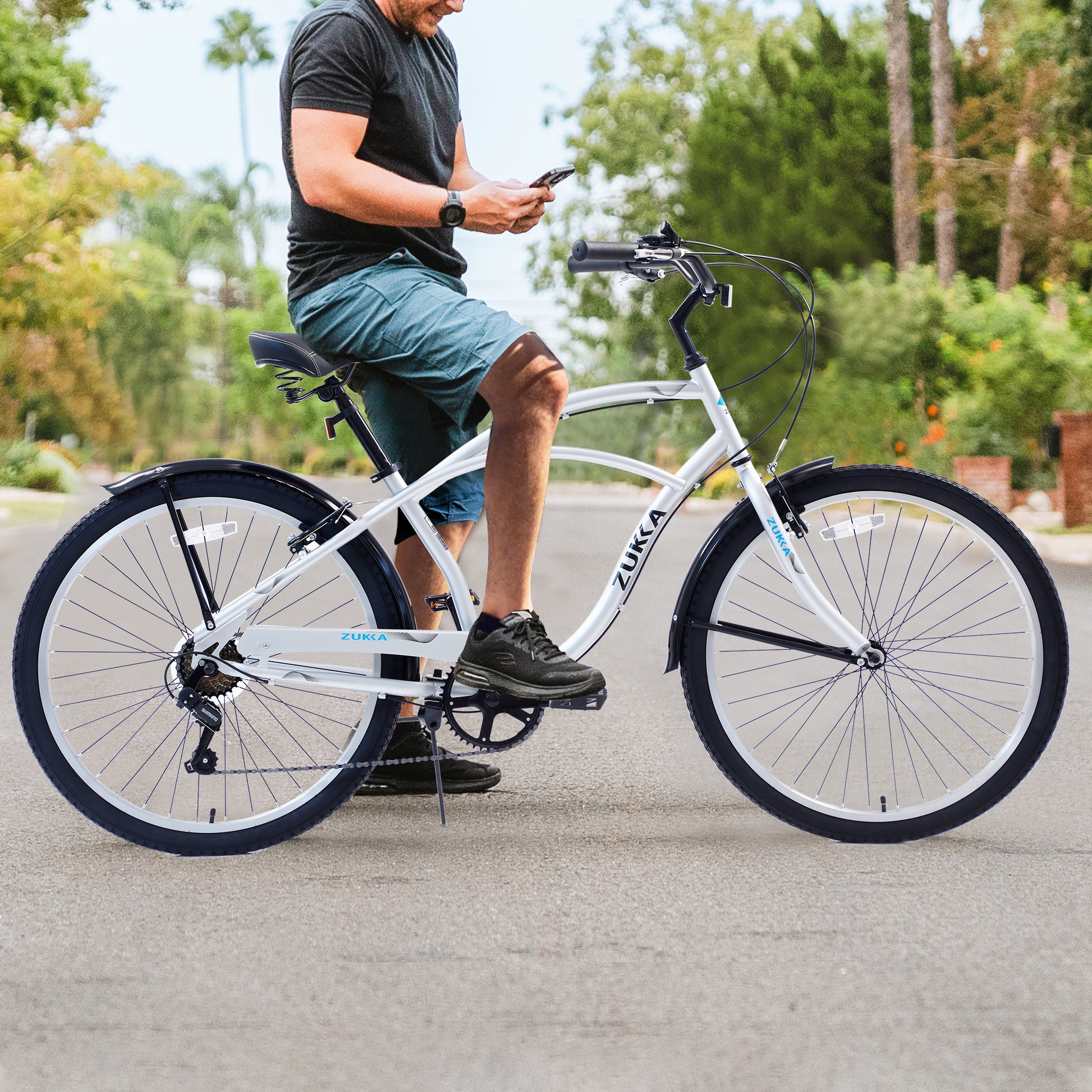 Men'S Beach Cruiser Bike, 7 Speed Bicycles, 26"Inch Multiple Colors Cycling Silver Beach Steel