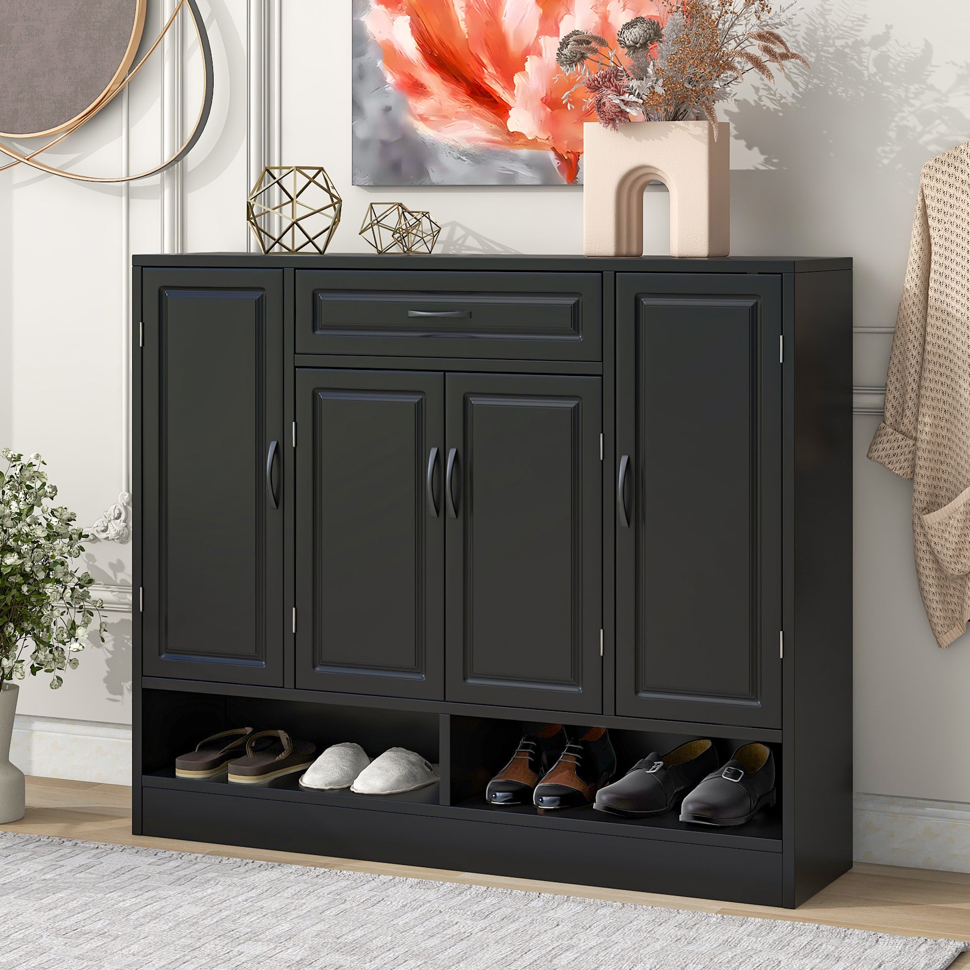 Sleek And Modern Shoe Cabinet With Adjustable Shelves, Minimalist Shoe Storage Organizer With Sturdy Top Surface, Space Saving Design Side Board For Various Sizes Of Items, Black Square 3 4 Spaces