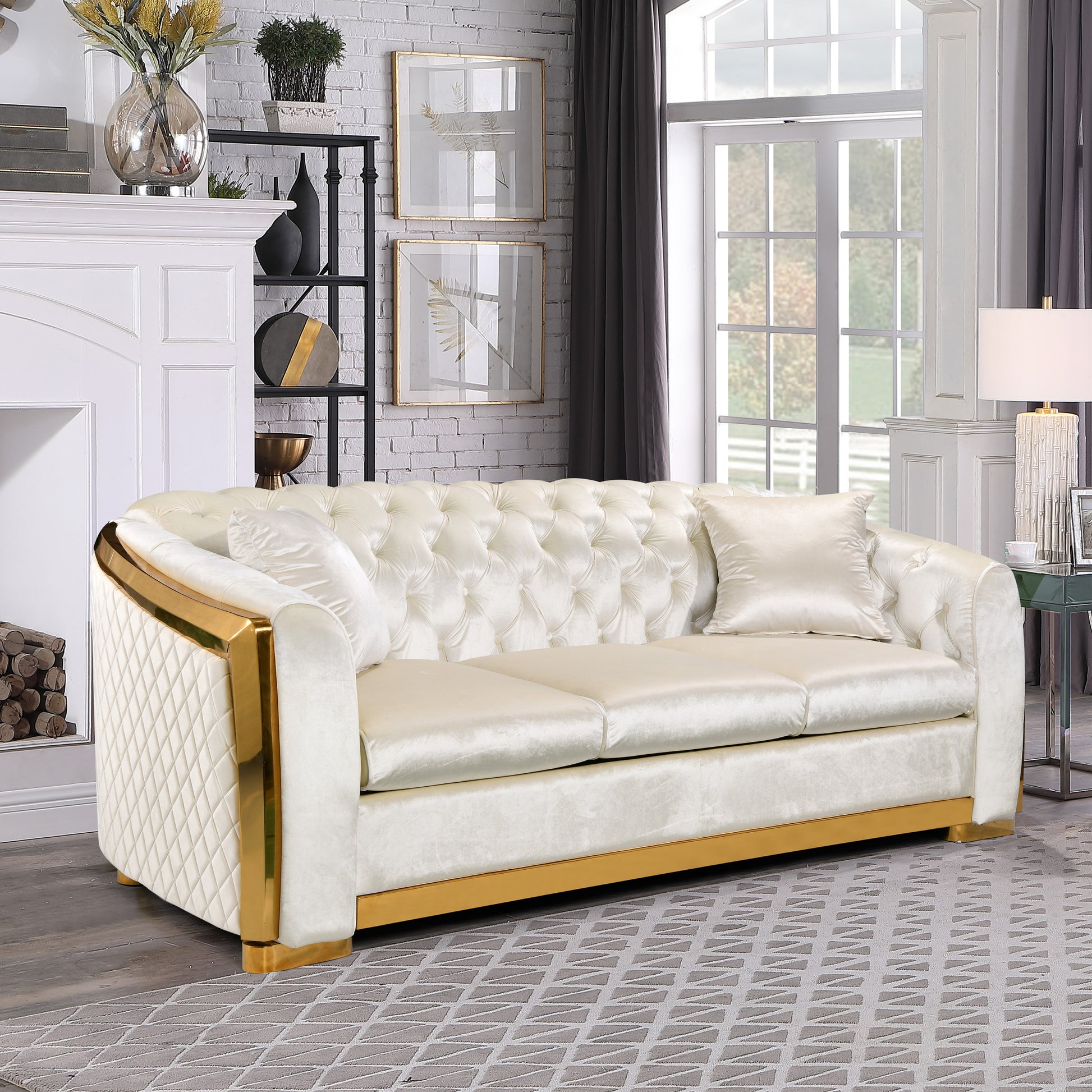 Velvet Luxury Chesterfield Sofa Set, 84 Inches Tufted 3 Seat Couch With Gold Stainless For Living Room, Beige Fabric Navy Velvet Wood Primary Living Space Medium Soft Tufted Back European Rolled Arms Foam Wood Stainless Steel 3 Seat
