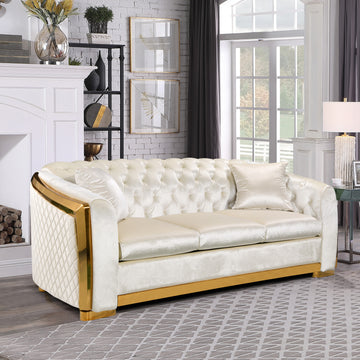 Velvet Luxury Chesterfield Sofa Set, 84 Inches Tufted 3 Seat Couch With Gold Stainless For Living Room, Beige Fabric Navy Velvet Wood Primary Living Space Medium Soft Tufted Back European Rolled Arms Foam Wood Stainless Steel 3 Seat