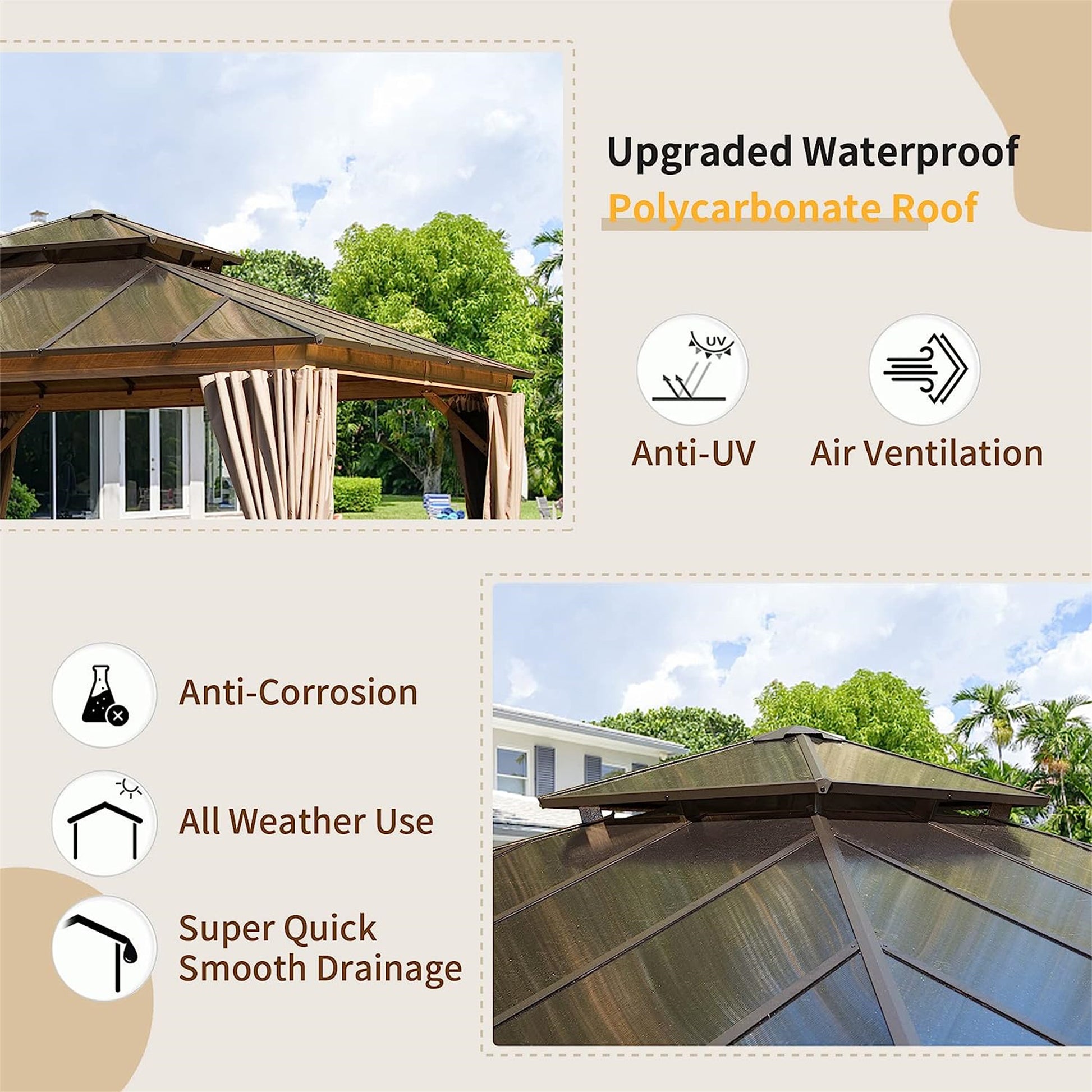 12'X12' Hardtop Gazebo, Permanent Outdoor Gazebo With Polycarbonate Double Roof, Aluminum Gazebo Pavilion With Curtain And Net For Garden, Patio, Lawns, Deck, Backyard Wood Looking Yellow Brown Aluminium