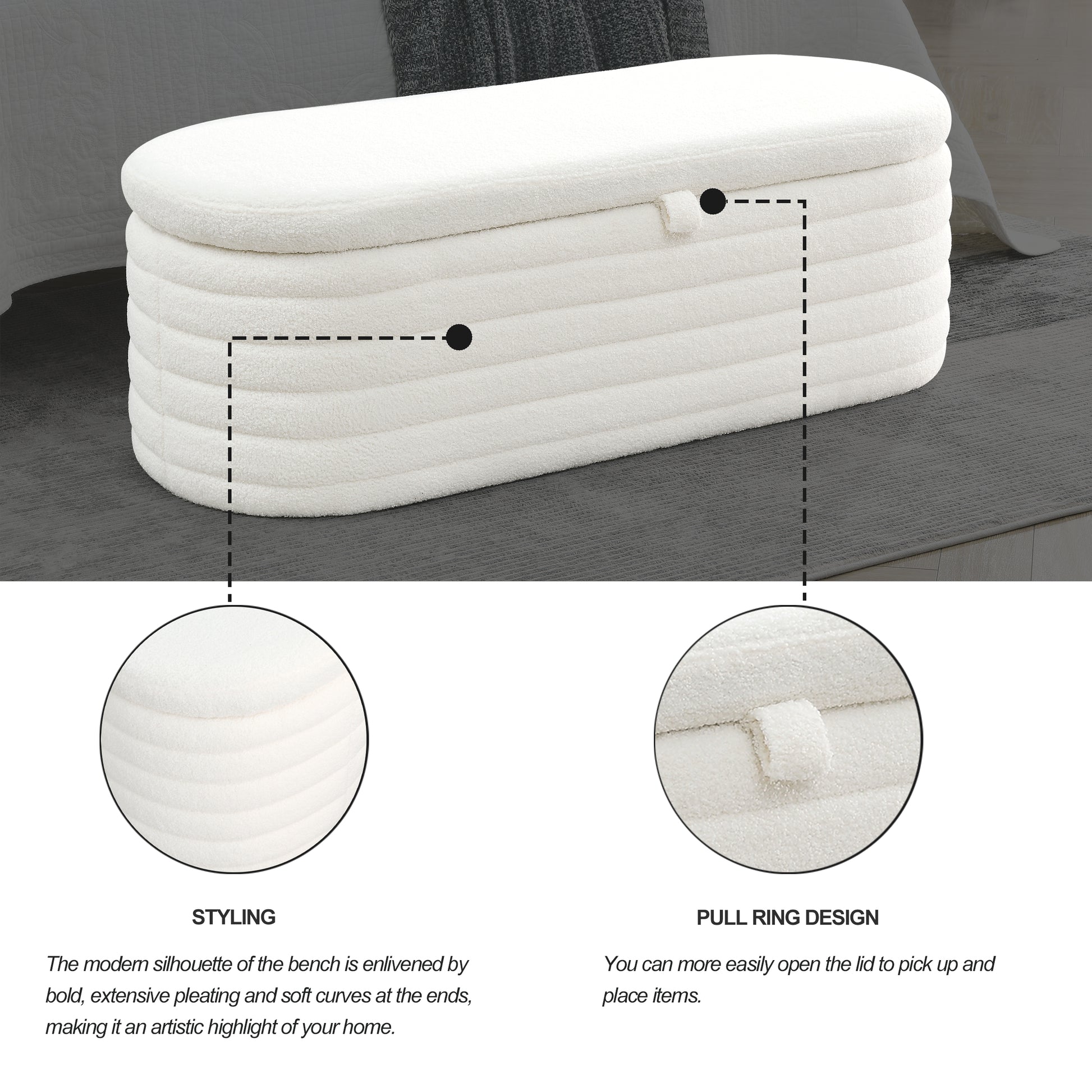 Video Welike Length 45.5 Inchesstorage Ottoman Bench Upholstered Fabric Storage Bench End Of Bed Stool With Safety Hinge For Bedroom, Living Room, Entryway,Teddy White Ivory Ivory Foam Fabric