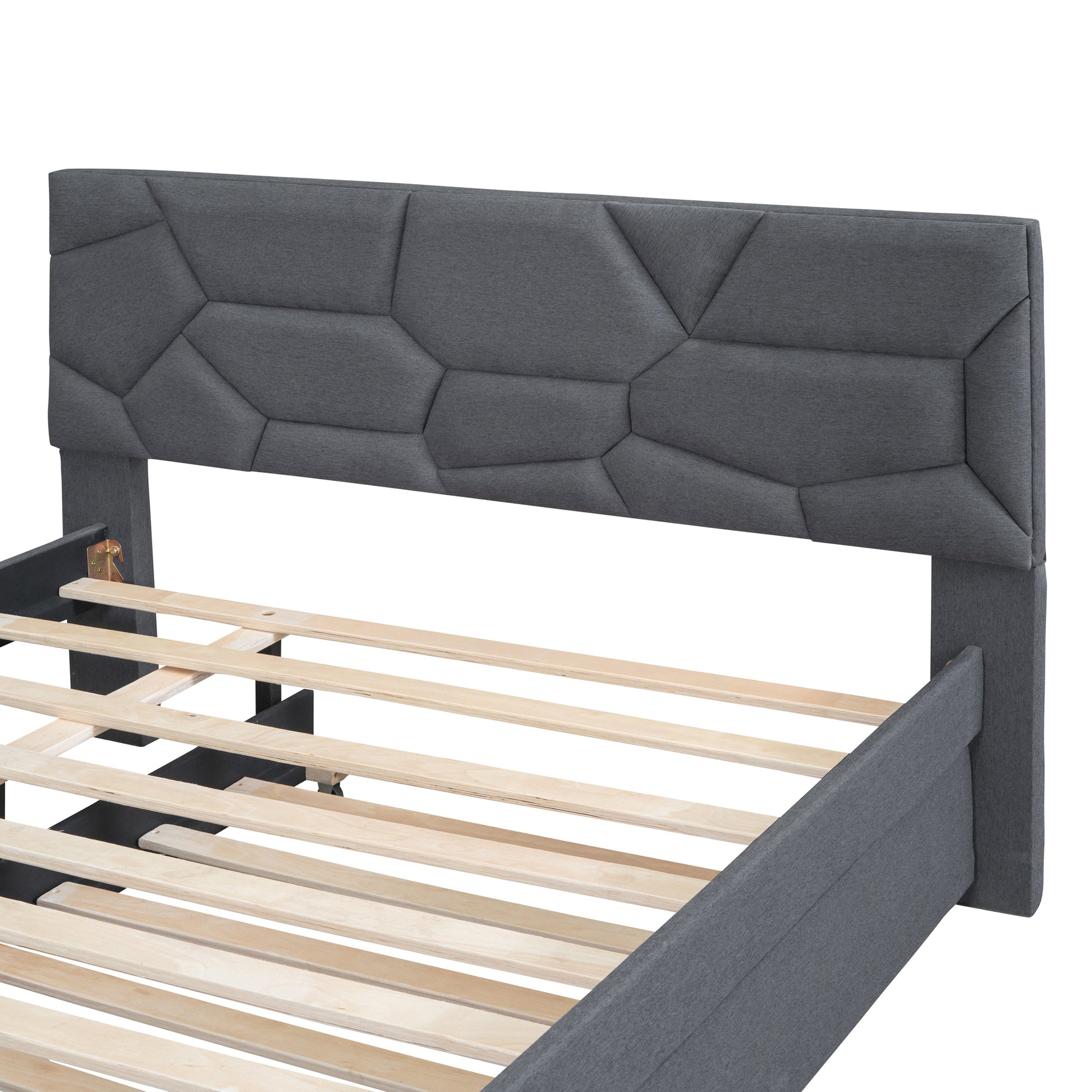 Full Size Upholstered Platform Bed With Brick Pattern Headboard And Twin Size Trundle, Linen Fabric, Gray Gray Linen