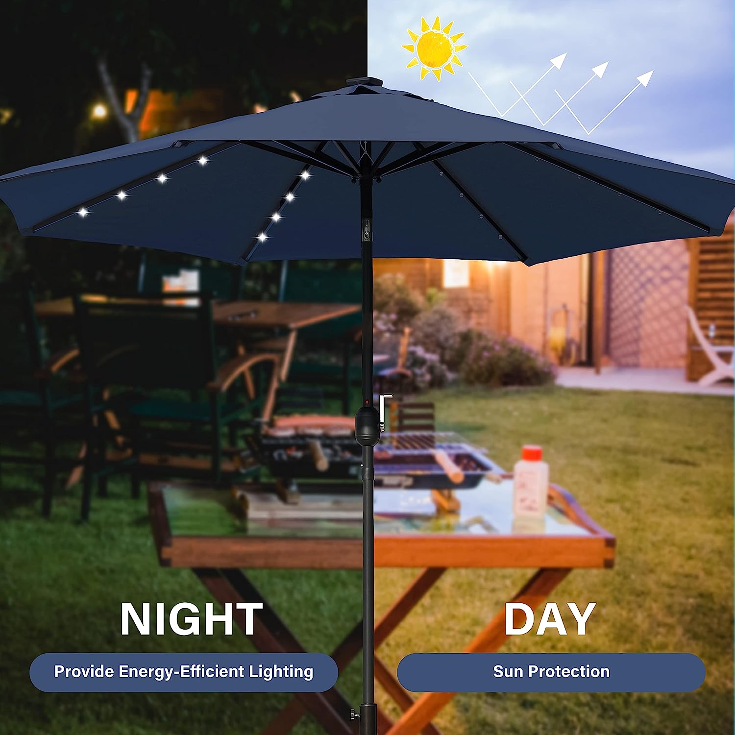 9' Solar Umbrella 32 Led Lighted Patio Umbrella Table Market Umbrella With Push Button Tilt Crank Outdoor Umbrella For Garden, Deck, Backyard And Pool, Dark Blue Dark Blue Stainless Steel