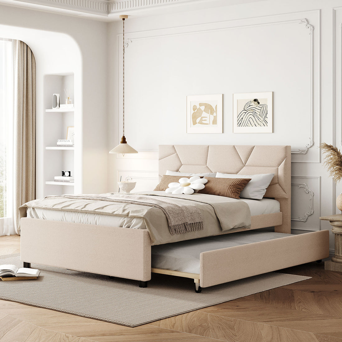 Full Size Upholstered Platform Bed With Brick Pattern Headboard And Twin Size Trundle, Linen Fabric, Beige Beige Linen