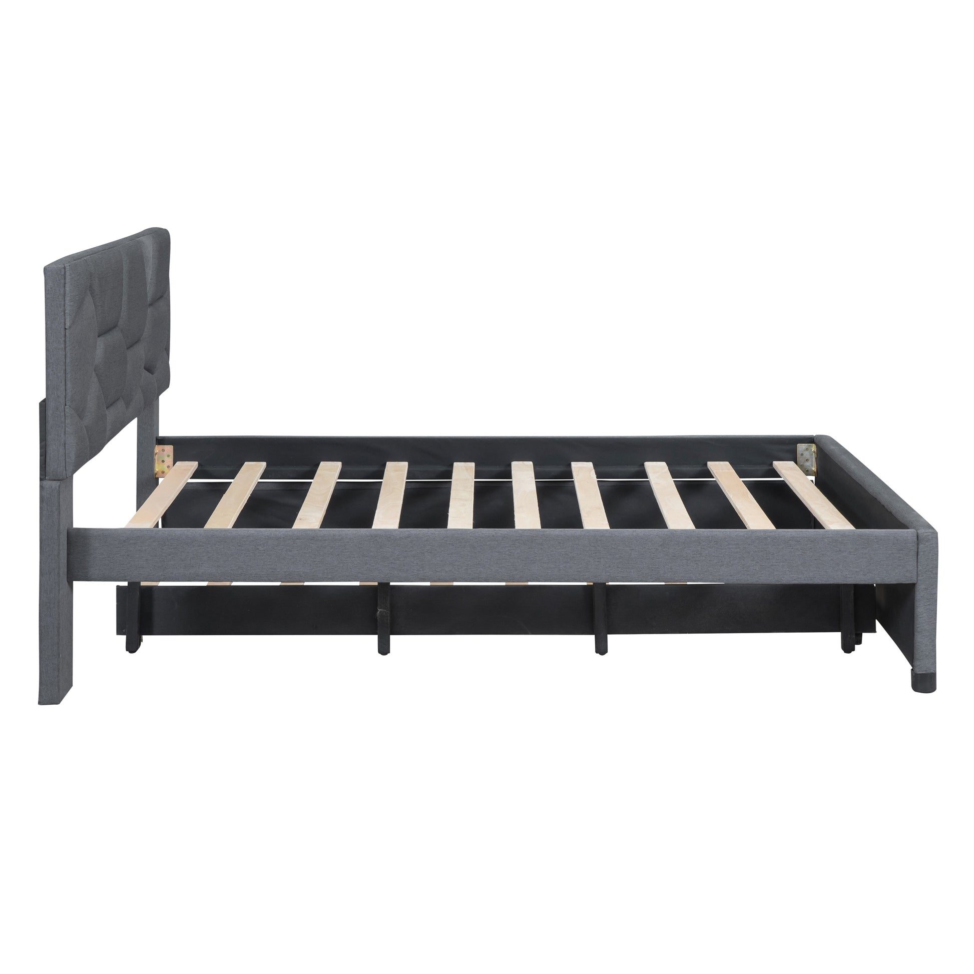 Full Size Upholstered Platform Bed With Brick Pattern Headboard And Twin Size Trundle, Linen Fabric, Gray Gray Linen