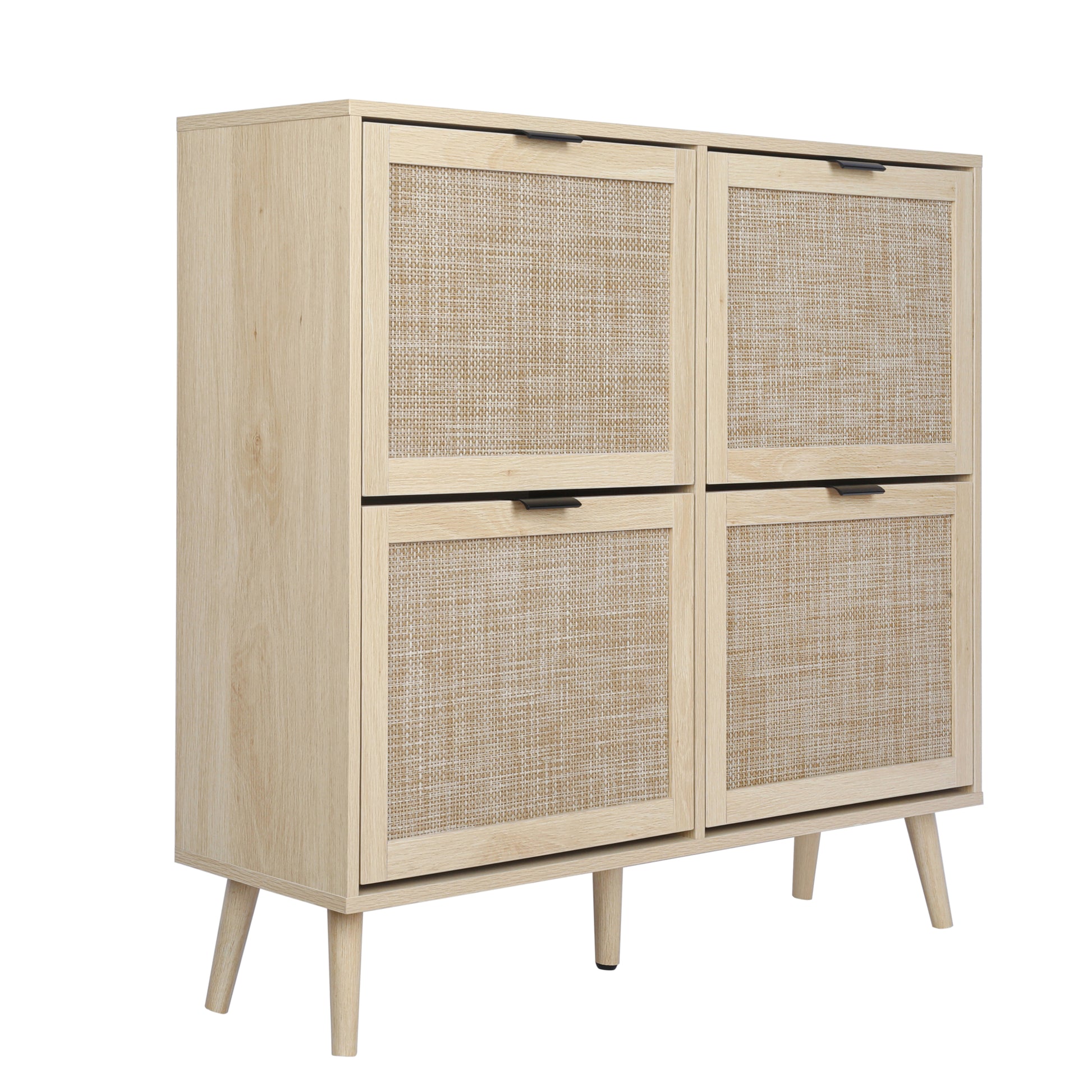 Natural Rattan 4 Door Shoe Rack, Freestanding Modern Shoe Storage Cabinet, For Entryway Natural Particle Board