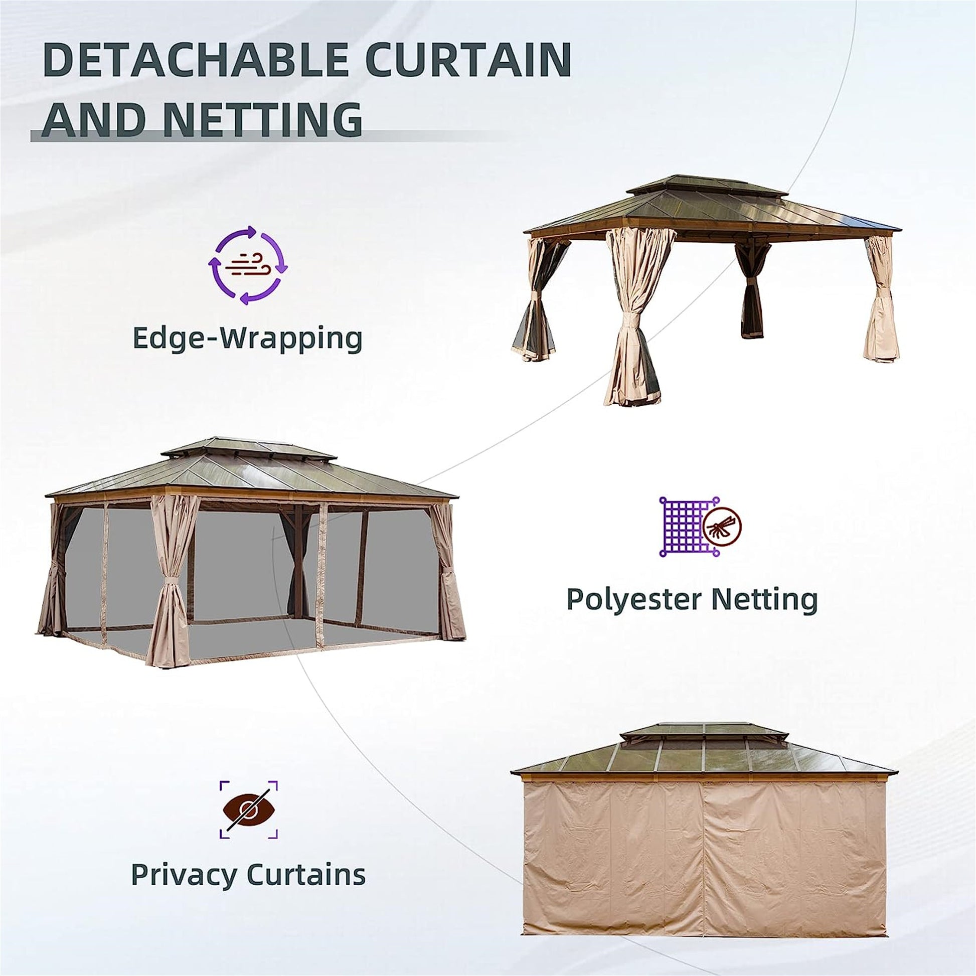 12X16Ft Hardtop Gazebo, Permanent Outdoor Gazebo With Polycarbonate Double Roof, Aluminum Gazebo Pavilion With Curtain And Net For Garden, Patio, Lawns, Deck, Backyard Wood Looking Yellow Brown Metal