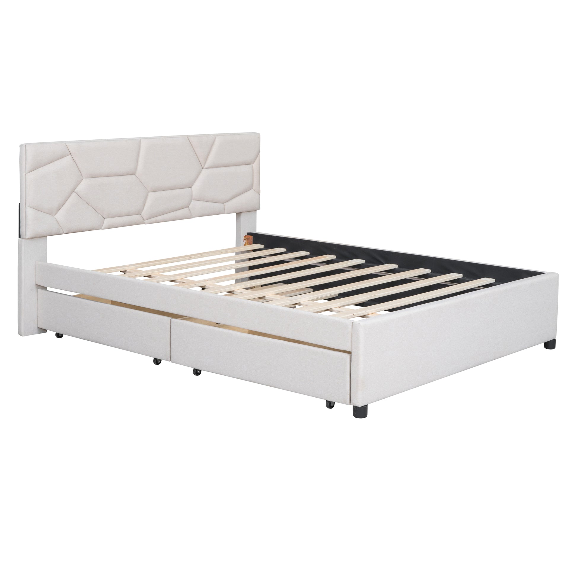 Queen Size Upholstered Platform Bed With Brick Pattern Headboard, With Twin Xl Size Trundle And 2 Drawers, Linen Fabric, Beige Beige Linen