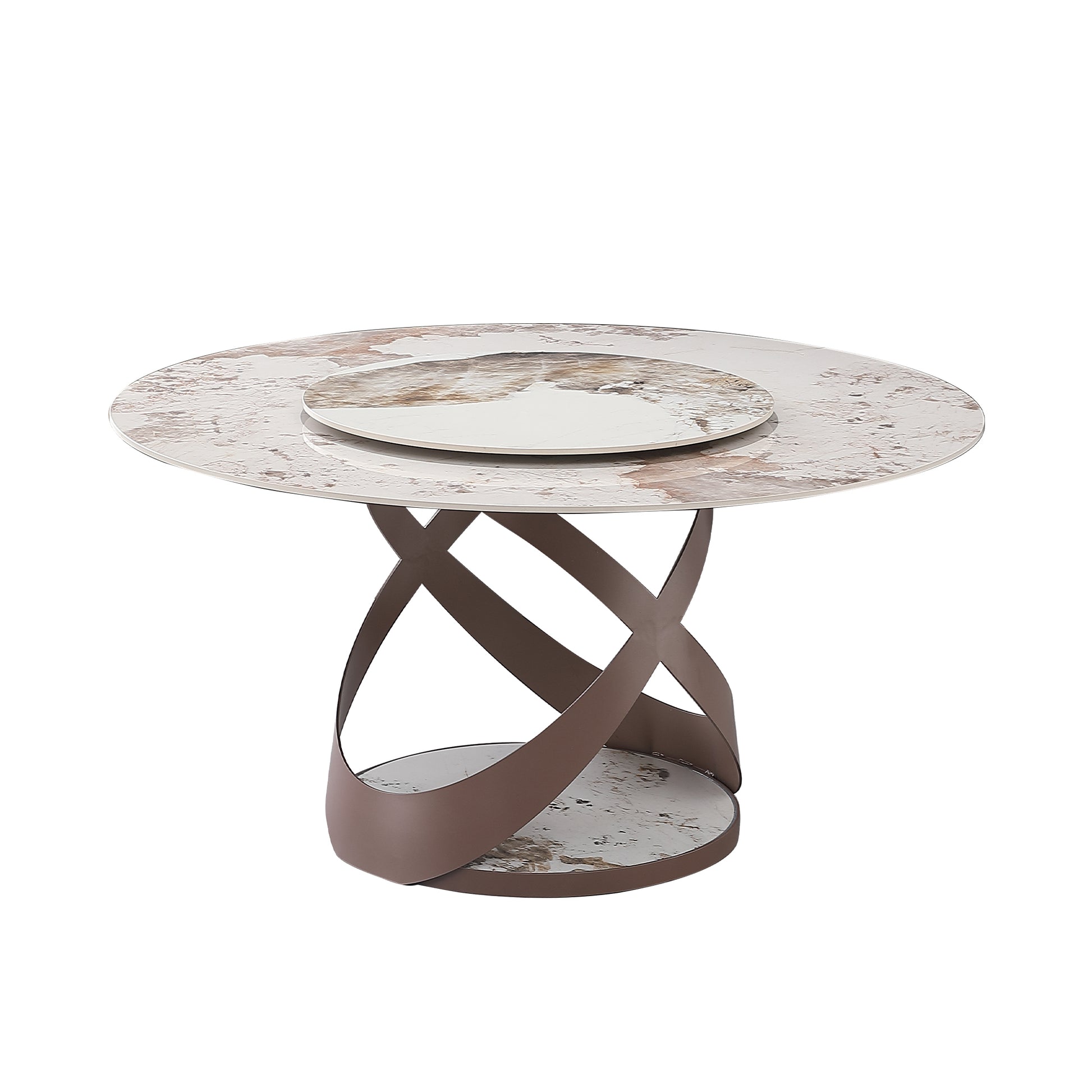 59.05"Modern Sintered Stone Dining Table With 31.5" Round Turntable And Metal Exquisite Pedestal With 8 Pcs Chairs . Black Brown Sintered Stone