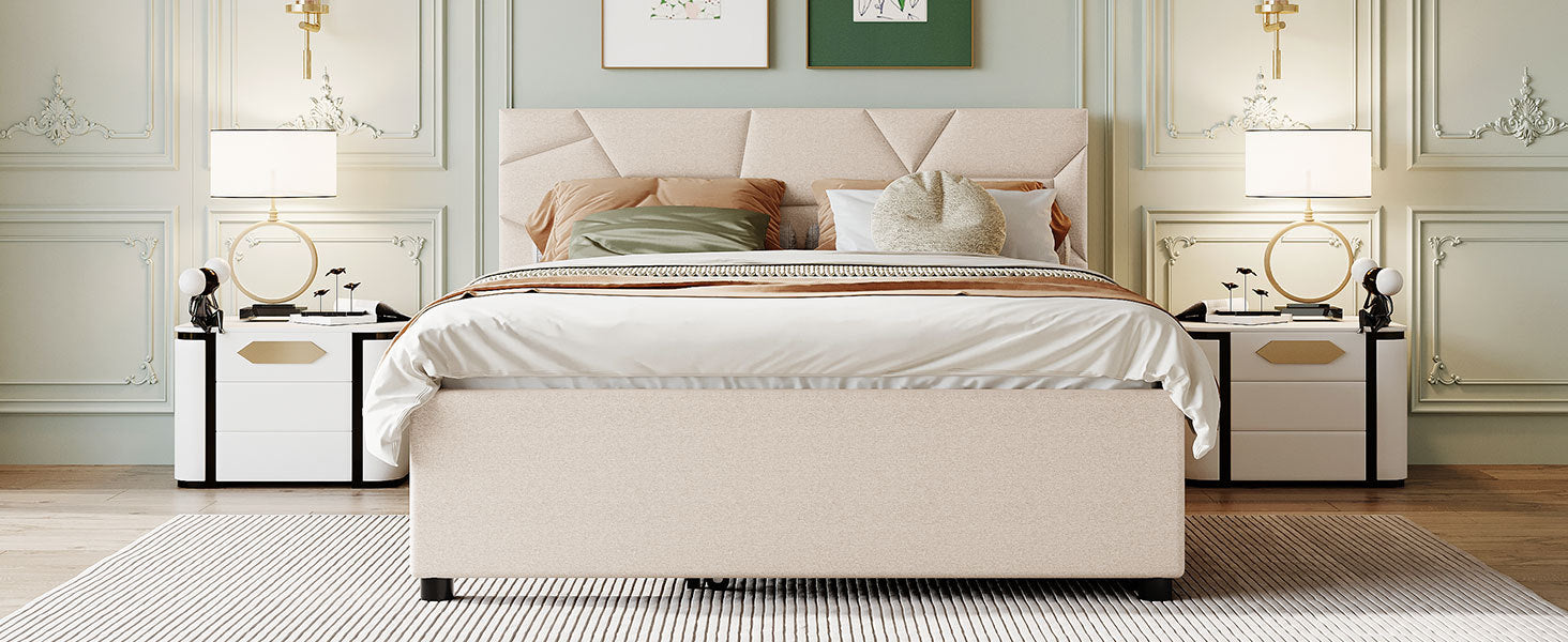 Queen Size Upholstered Platform Bed With Brick Pattern Headboard And Twin Xl Size Trundle, Linen Fabric, Beige Beige Linen