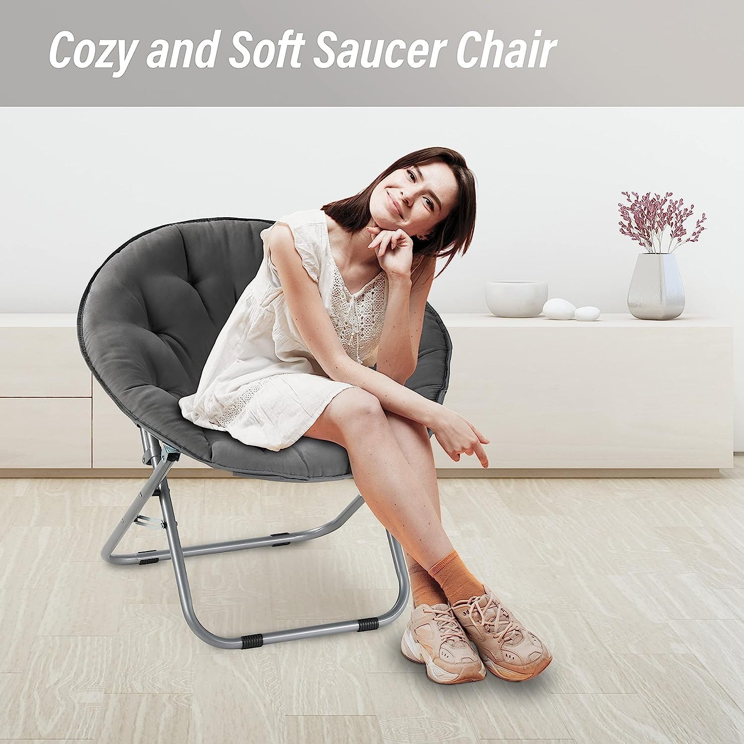Oversized Moon Chair with Metal Frame, Comfy Chair for grey-oxford fabric