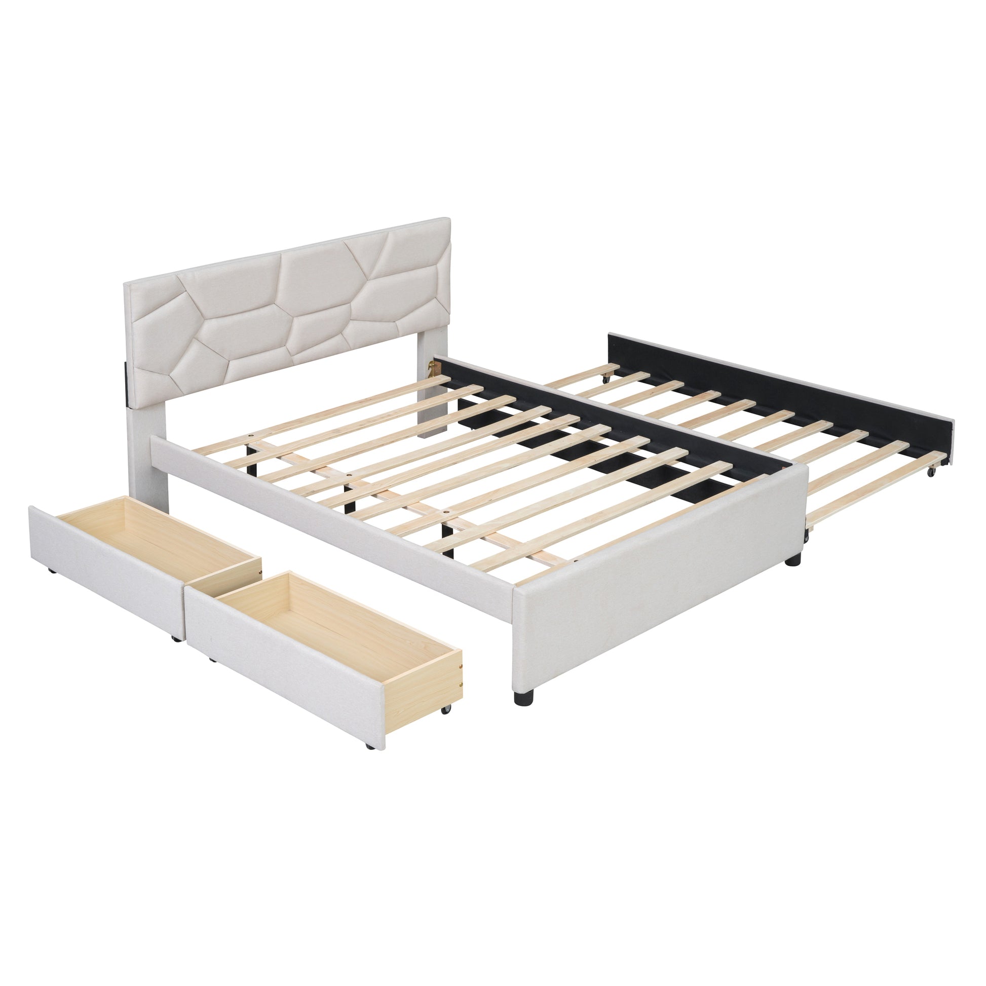 Full Size Upholstered Platform Bed With Brick Pattern Headboard, With Twin Size Trundle And 2 Drawers, Linen Fabric, Beige Beige Linen