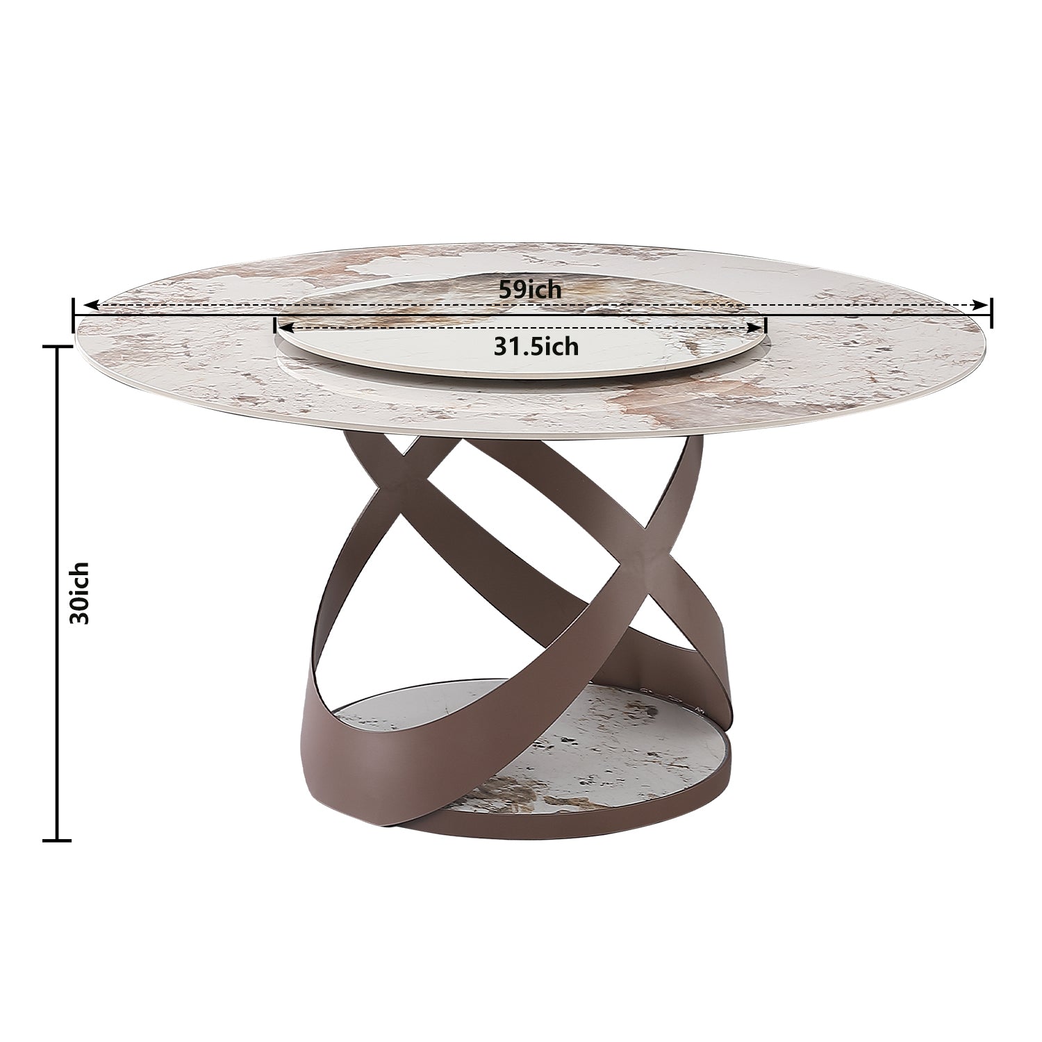 59.05"Modern Sintered Stone Dining Table With 31.5" Round Turntable And Metal Exquisite Pedestal With 8 Pcs Chairs . Black Brown Sintered Stone