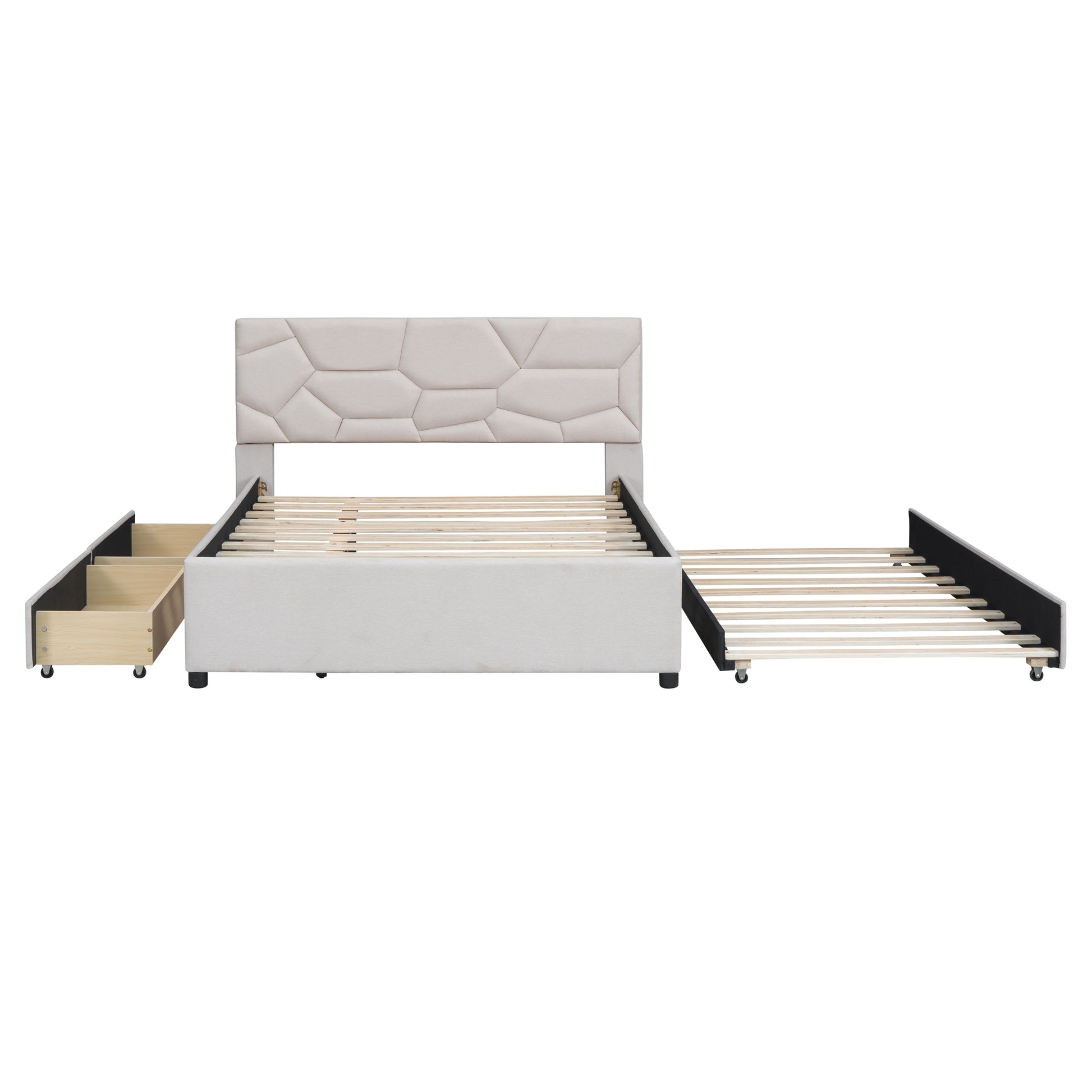 Full Size Upholstered Platform Bed With Brick Pattern Headboard, With Twin Size Trundle And 2 Drawers, Linen Fabric, Beige Beige Linen