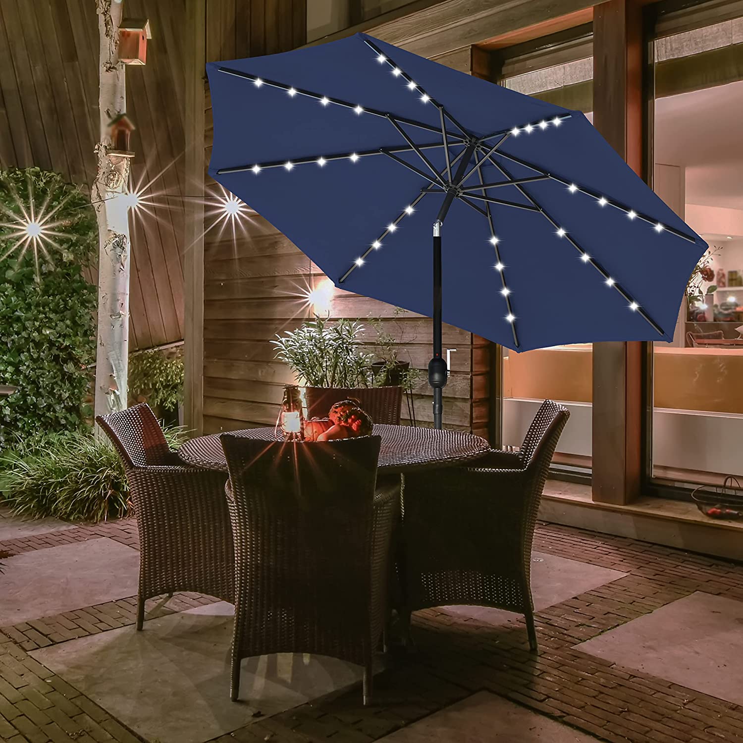 9' Solar Umbrella 32 Led Lighted Patio Umbrella Table Market Umbrella With Push Button Tilt Crank Outdoor Umbrella For Garden, Deck, Backyard And Pool, Dark Blue Dark Blue Stainless Steel