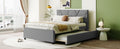 Full Size Upholstered Platform Bed With Brick Pattern Headboard And Twin Size Trundle, Linen Fabric, Gray Gray Linen