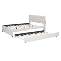 Queen Size Upholstered Platform Bed With Brick Pattern Headboard And Twin Xl Size Trundle, Linen Fabric, Beige Beige Linen