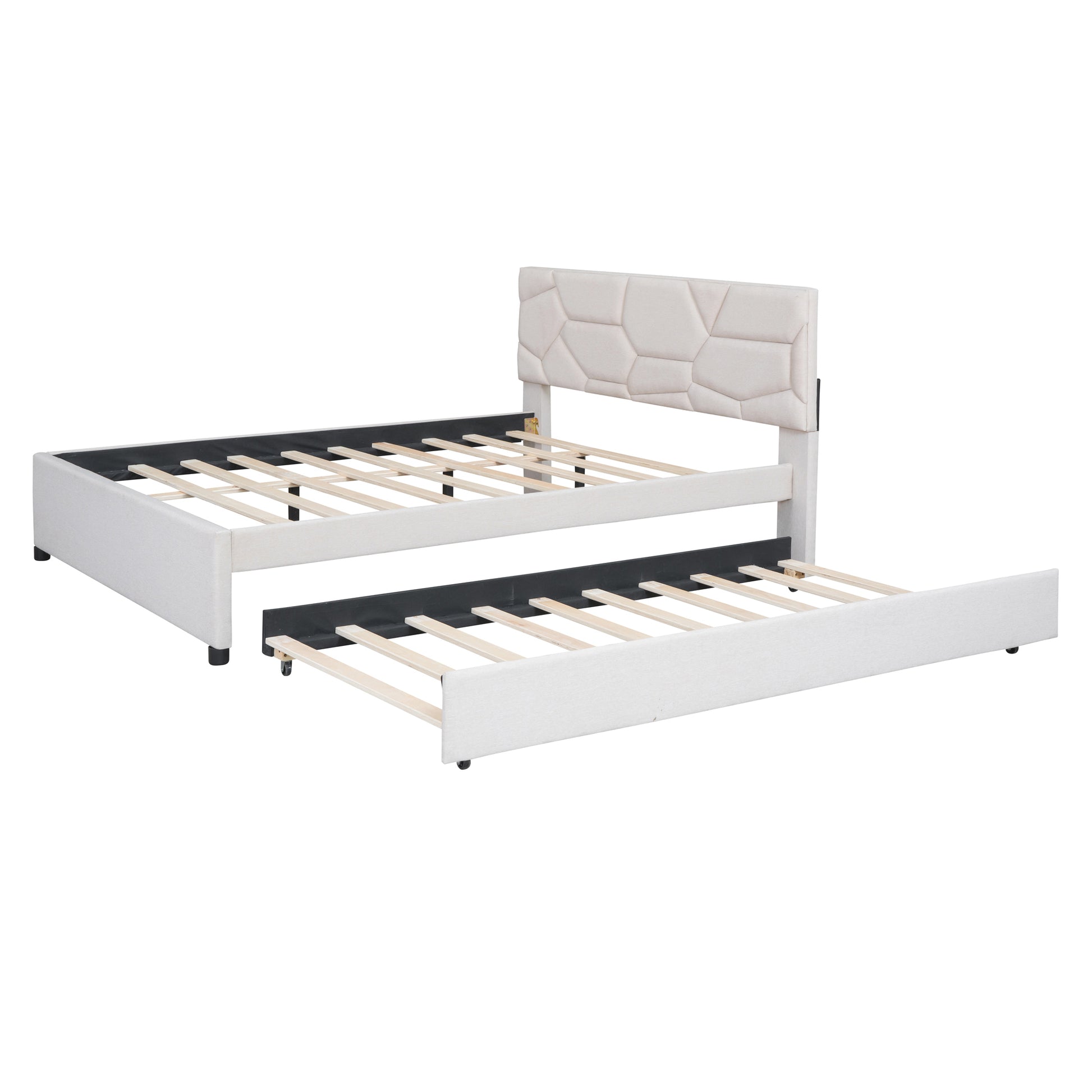 Queen Size Upholstered Platform Bed With Brick Pattern Headboard And Twin Xl Size Trundle, Linen Fabric, Beige Beige Linen