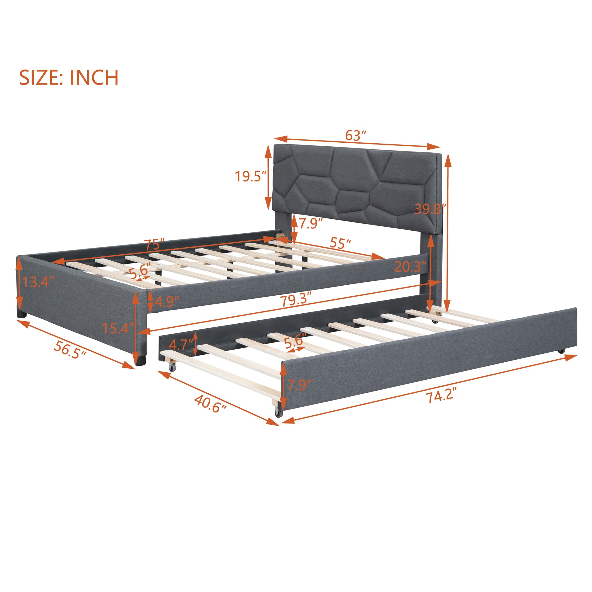 Full Size Upholstered Platform Bed With Brick Pattern Headboard And Twin Size Trundle, Linen Fabric, Gray Gray Linen