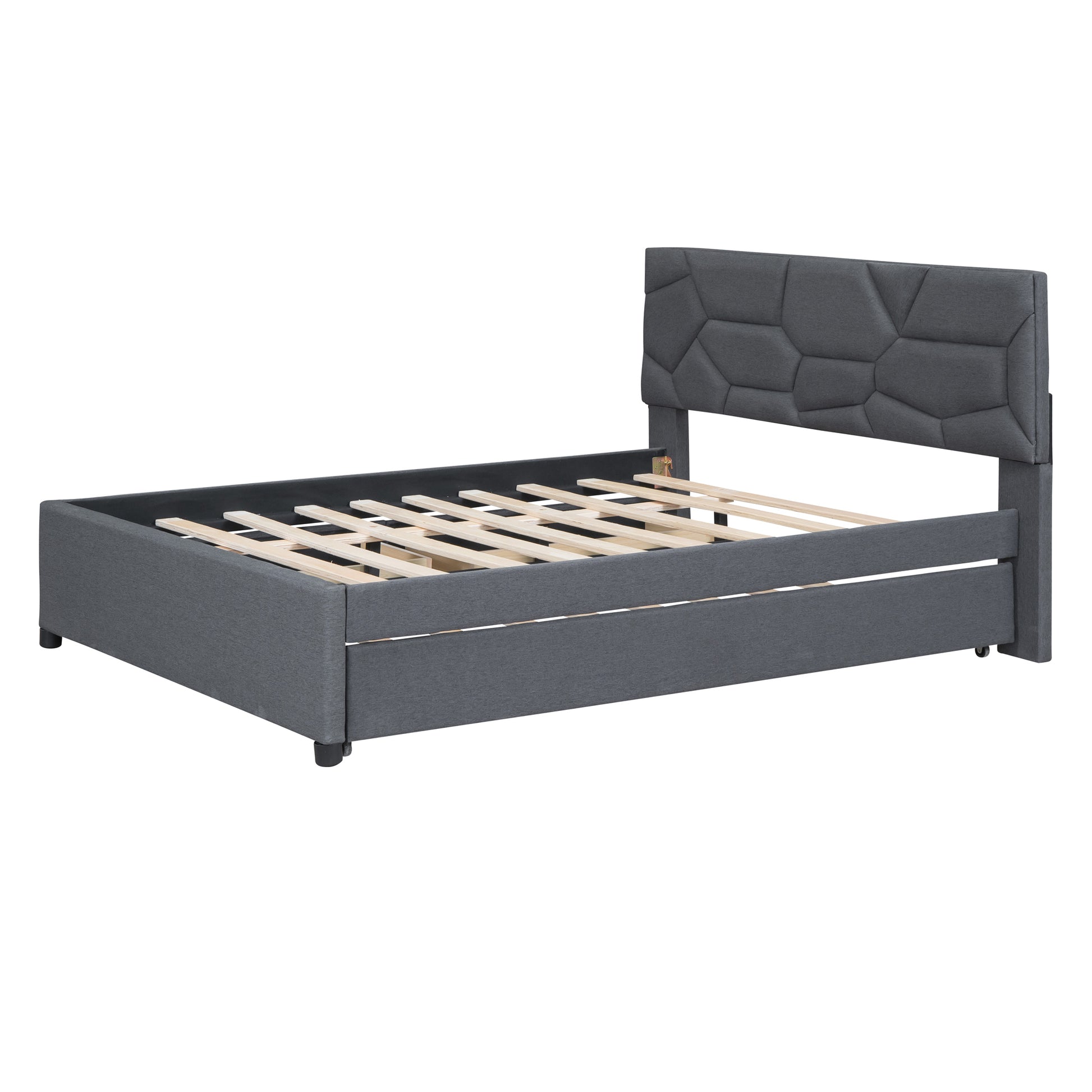 Full Size Upholstered Platform Bed With Brick Pattern Headboard, With Twin Size Trundle And 2 Drawers, Linen Fabric, Gray Gray Linen