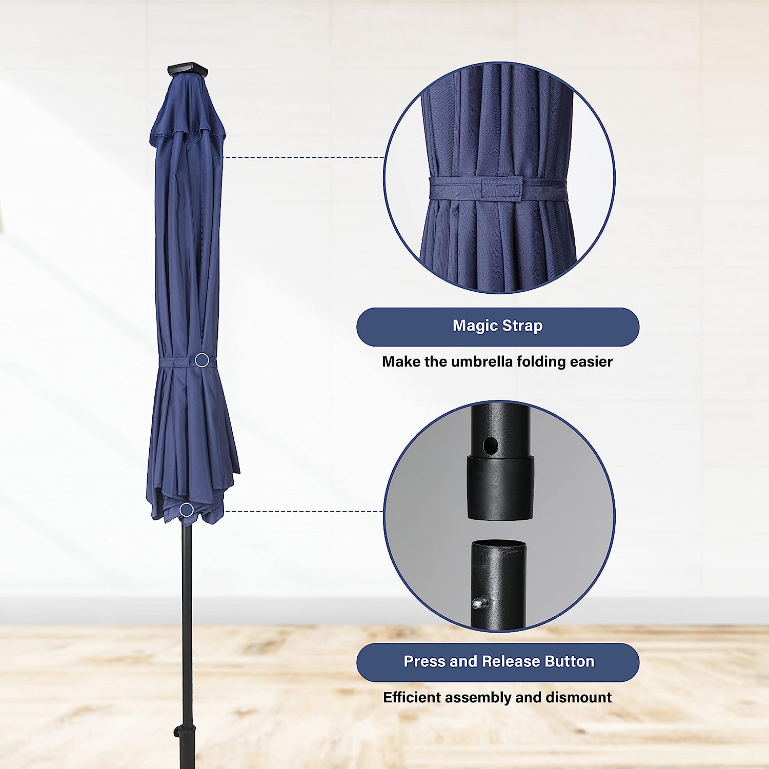 9' Solar Umbrella 32 Led Lighted Patio Umbrella Table Market Umbrella With Push Button Tilt Crank Outdoor Umbrella For Garden, Deck, Backyard And Pool, Dark Blue Dark Blue Stainless Steel