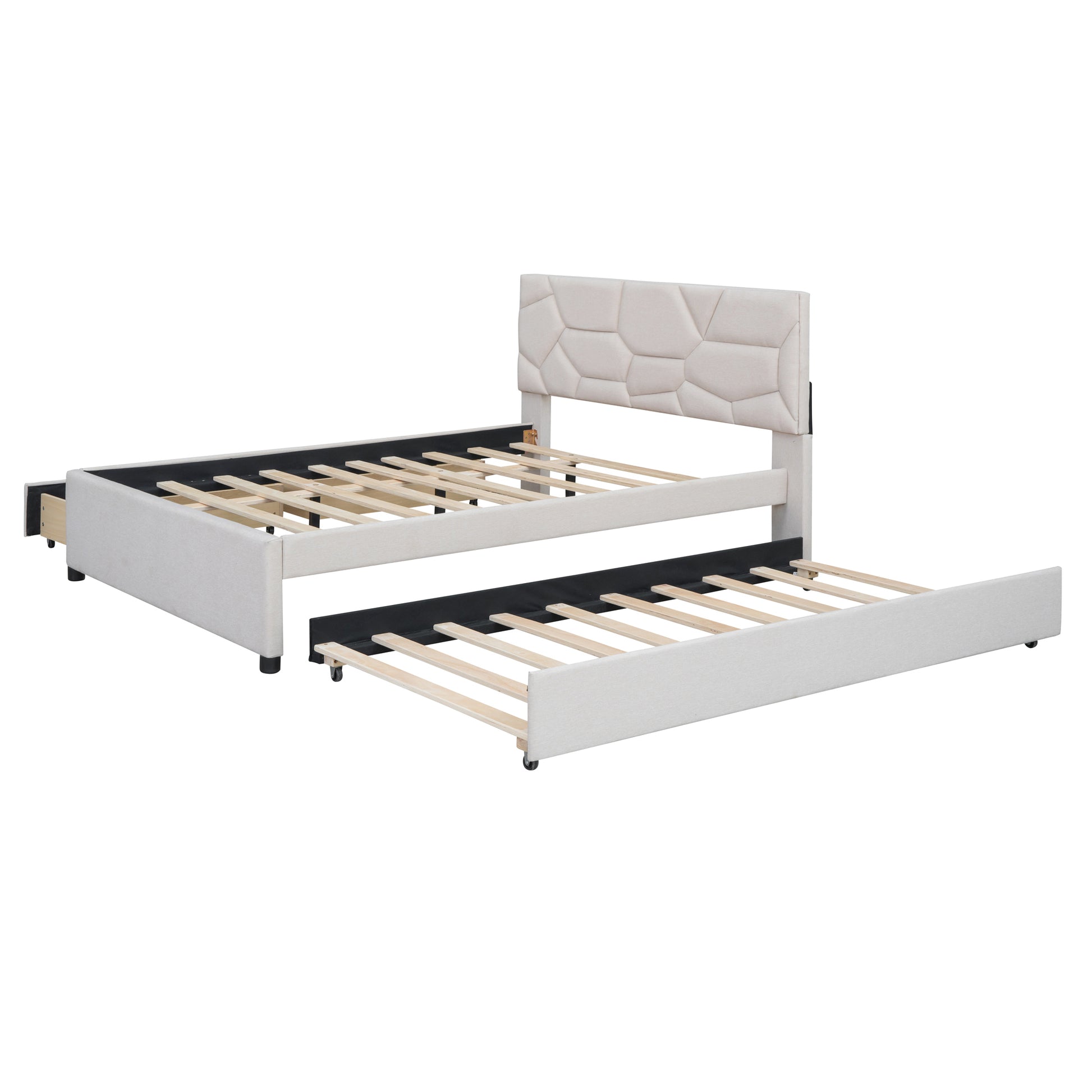 Full Size Upholstered Platform Bed With Brick Pattern Headboard, With Twin Size Trundle And 2 Drawers, Linen Fabric, Beige Beige Linen