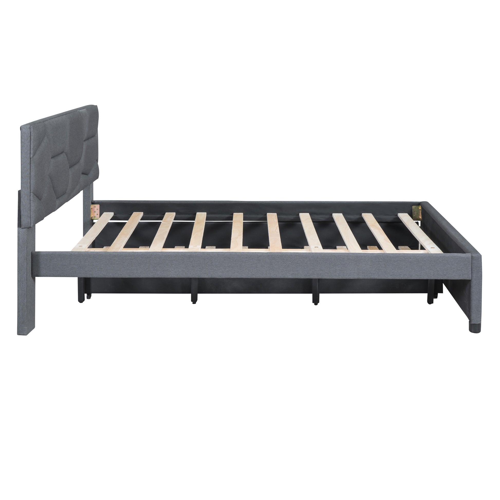 Queen Size Upholstered Platform Bed With Brick Pattern Headboard And Twin Xl Size Trundle, Linen Fabric, Gray Gray Linen