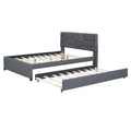 Full Size Upholstered Platform Bed With Brick Pattern Headboard And Twin Size Trundle, Linen Fabric, Gray Gray Linen