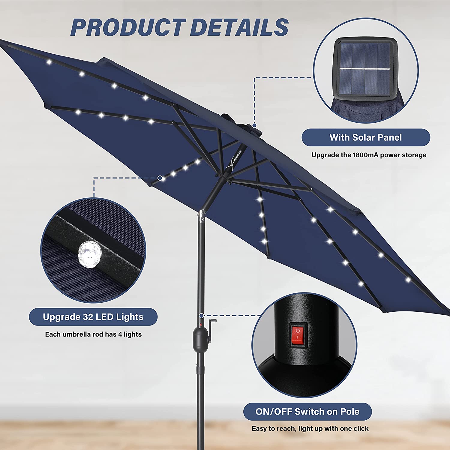 9' Solar Umbrella 32 Led Lighted Patio Umbrella Table Market Umbrella With Push Button Tilt Crank Outdoor Umbrella For Garden, Deck, Backyard And Pool, Dark Blue Dark Blue Stainless Steel