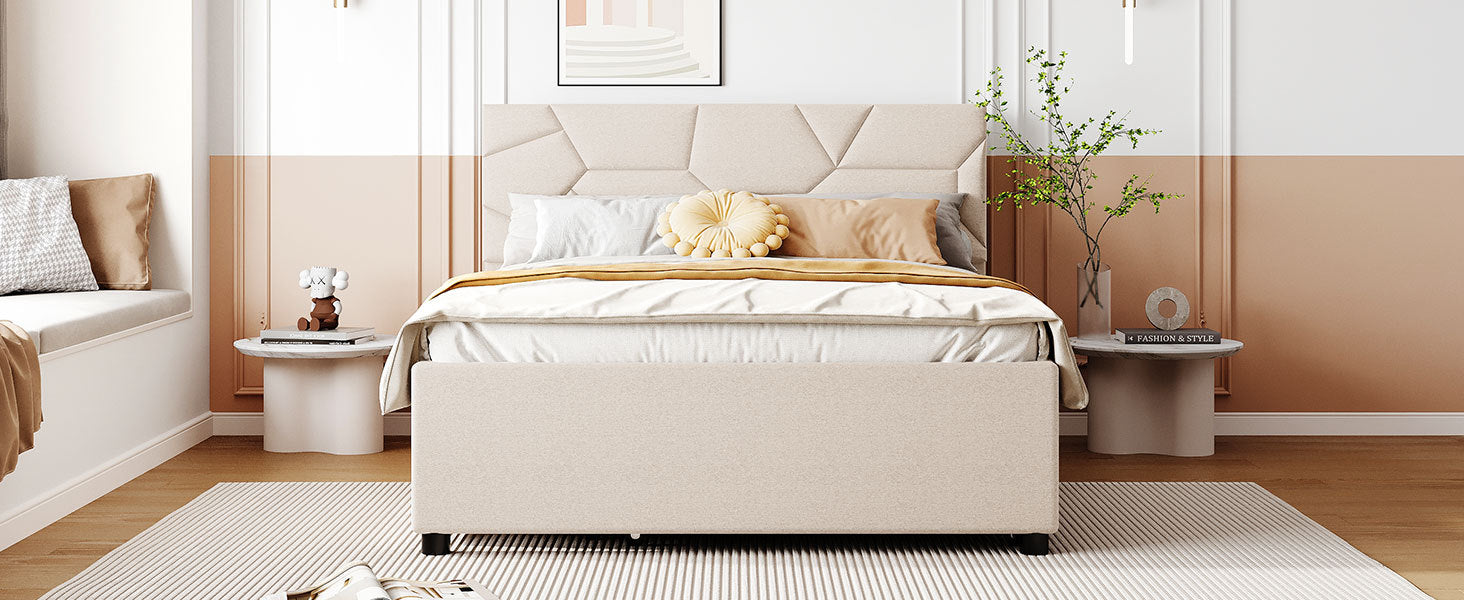 Full Size Upholstered Platform Bed With Brick Pattern Headboard, With Twin Size Trundle And 2 Drawers, Linen Fabric, Beige Beige Linen