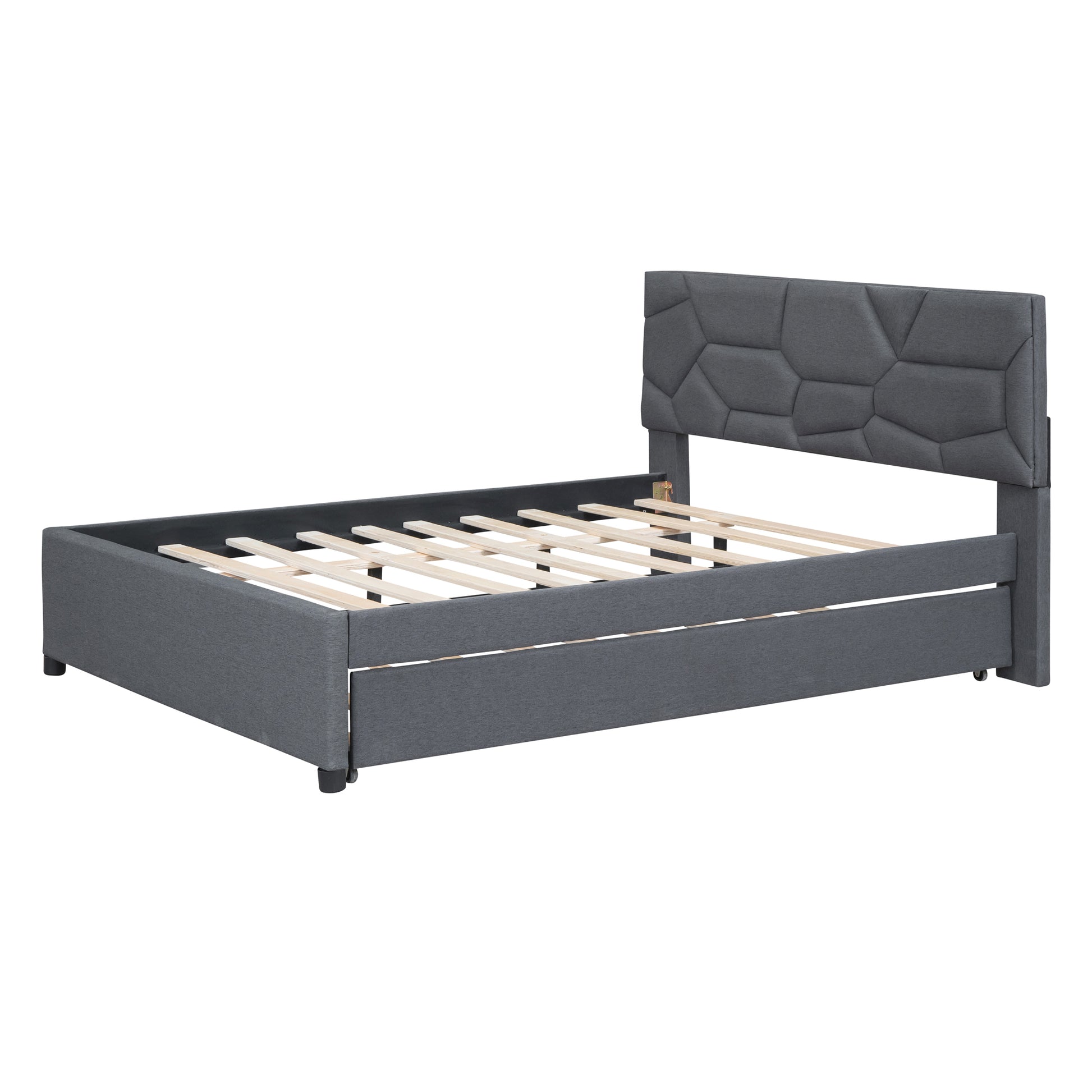 Full Size Upholstered Platform Bed With Brick Pattern Headboard And Twin Size Trundle, Linen Fabric, Gray Gray Linen