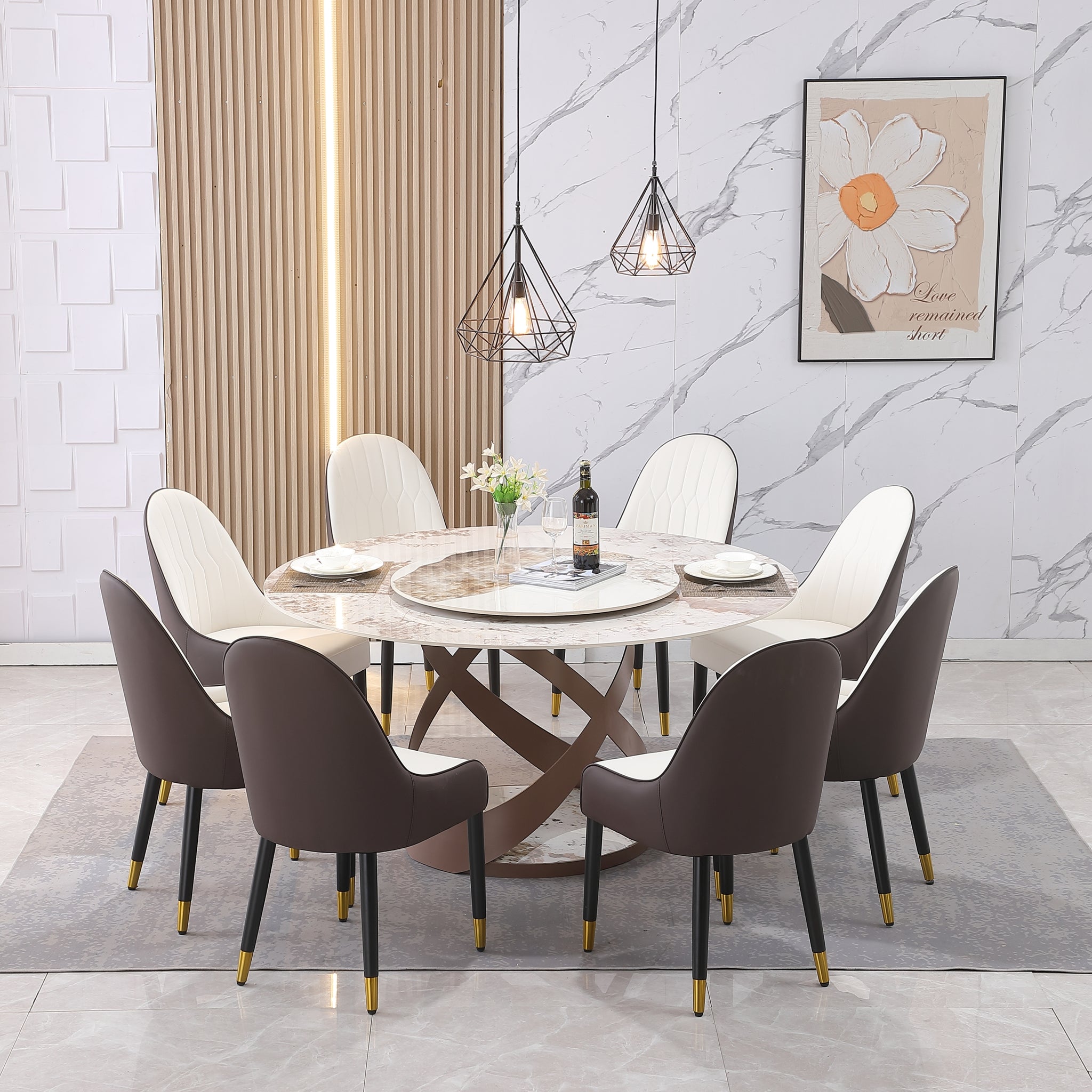 59.05"Modern Sintered Stone Dining Table With 31.5" Round Turntable And Metal Exquisite Pedestal With 8 Pcs Chairs . Black Brown Sintered Stone