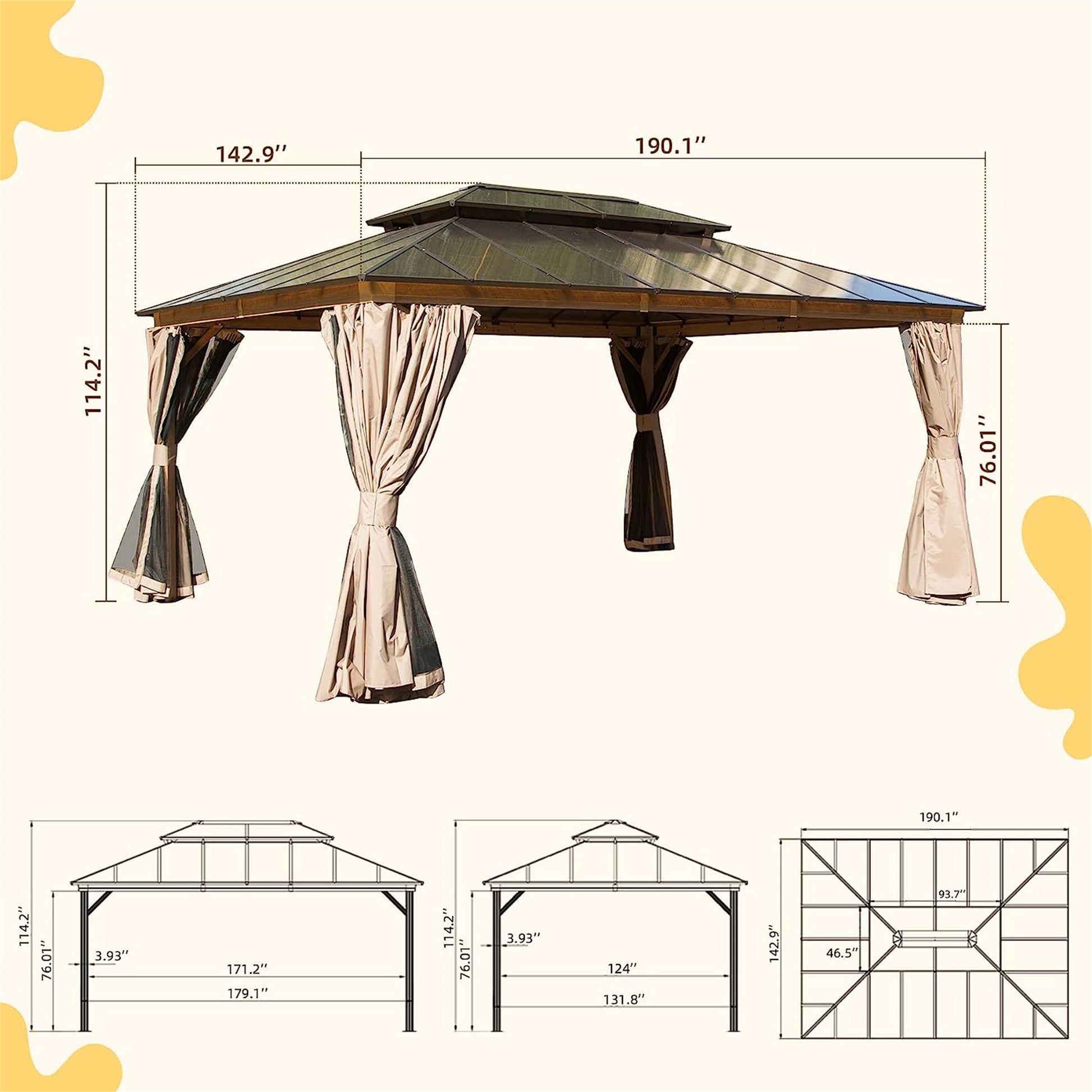 12X16Ft Hardtop Gazebo, Permanent Outdoor Gazebo With Polycarbonate Double Roof, Aluminum Gazebo Pavilion With Curtain And Net For Garden, Patio, Lawns, Deck, Backyard Wood Looking Yellow Brown Metal