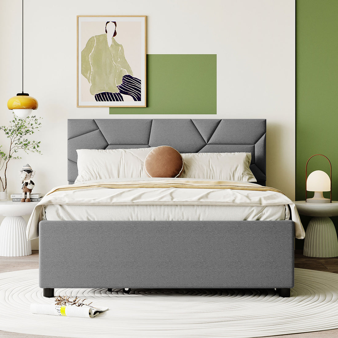 Full Size Upholstered Platform Bed With Brick Pattern Headboard And Twin Size Trundle, Linen Fabric, Gray Gray Linen