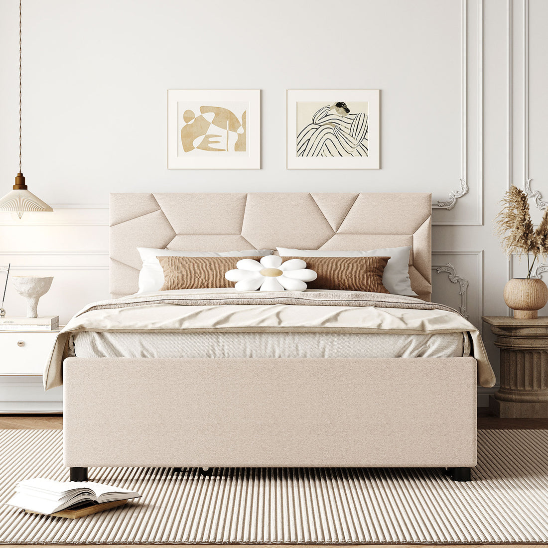 Full Size Upholstered Platform Bed With Brick Pattern Headboard And Twin Size Trundle, Linen Fabric, Beige Beige Linen