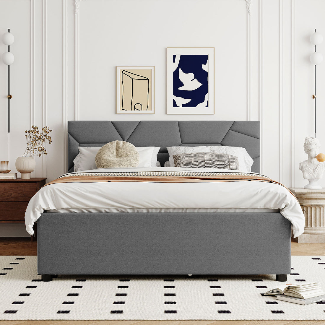 Queen Size Upholstered Platform Bed With Brick Pattern Headboard, With Twin Xl Size Trundle And 2 Drawers, Linen Fabric, Gray Gray Linen