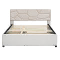 Queen Size Upholstered Platform Bed With Brick Pattern Headboard, With Twin Xl Size Trundle And 2 Drawers, Linen Fabric, Beige Beige Linen