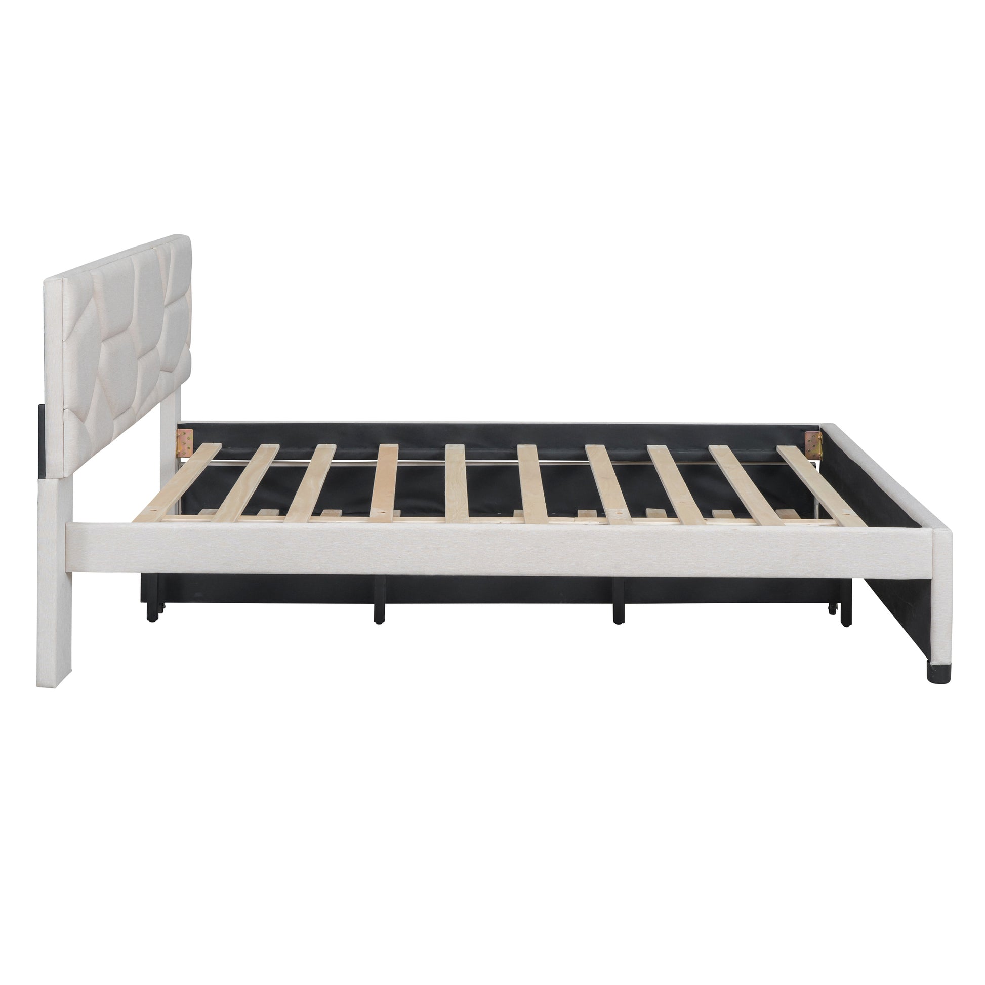 Queen Size Upholstered Platform Bed With Brick Pattern Headboard And Twin Xl Size Trundle, Linen Fabric, Beige Beige Linen