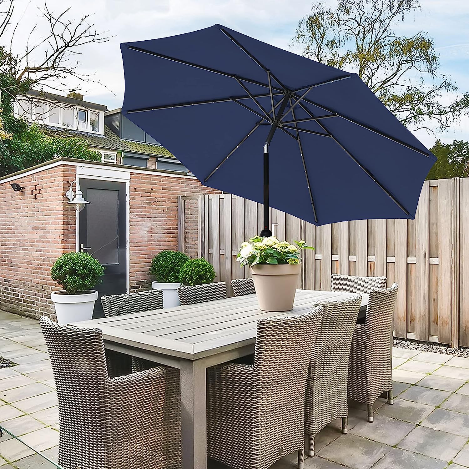 9' lighted patio umbrella 9' Solar Umbrella 32 Led Lighted Patio Umbrella Table Market Umbrella With Push Button Tilt Crank Outdoor Umbrella For Garden, Deck, Backyard And
