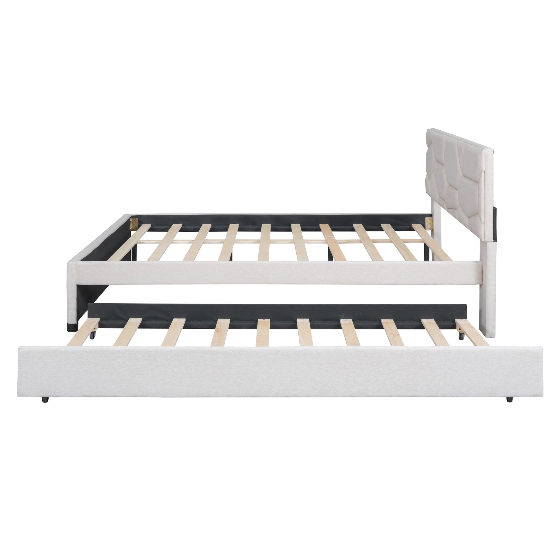 Queen Size Upholstered Platform Bed With Brick Pattern Headboard And Twin Xl Size Trundle, Linen Fabric, Beige Beige Linen