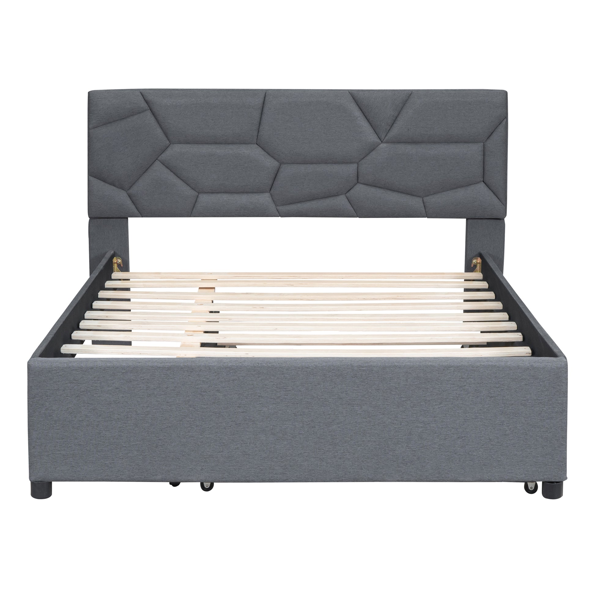 Full Size Upholstered Platform Bed With Brick Pattern Headboard And Twin Size Trundle, Linen Fabric, Gray Gray Linen