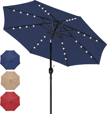 9' Solar Umbrella 32 Led Lighted Patio Umbrella Table Market Umbrella With Push Button Tilt Crank Outdoor Umbrella For Garden, Deck, Backyard And Pool, Dark Blue Dark Blue Stainless Steel