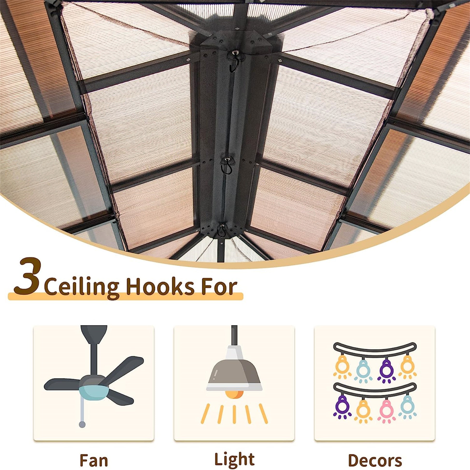 12X16Ft Hardtop Gazebo, Permanent Outdoor Gazebo With Polycarbonate Double Roof, Aluminum Gazebo Pavilion With Curtain And Net For Garden, Patio, Lawns, Deck, Backyard Wood Looking Yellow Brown Metal